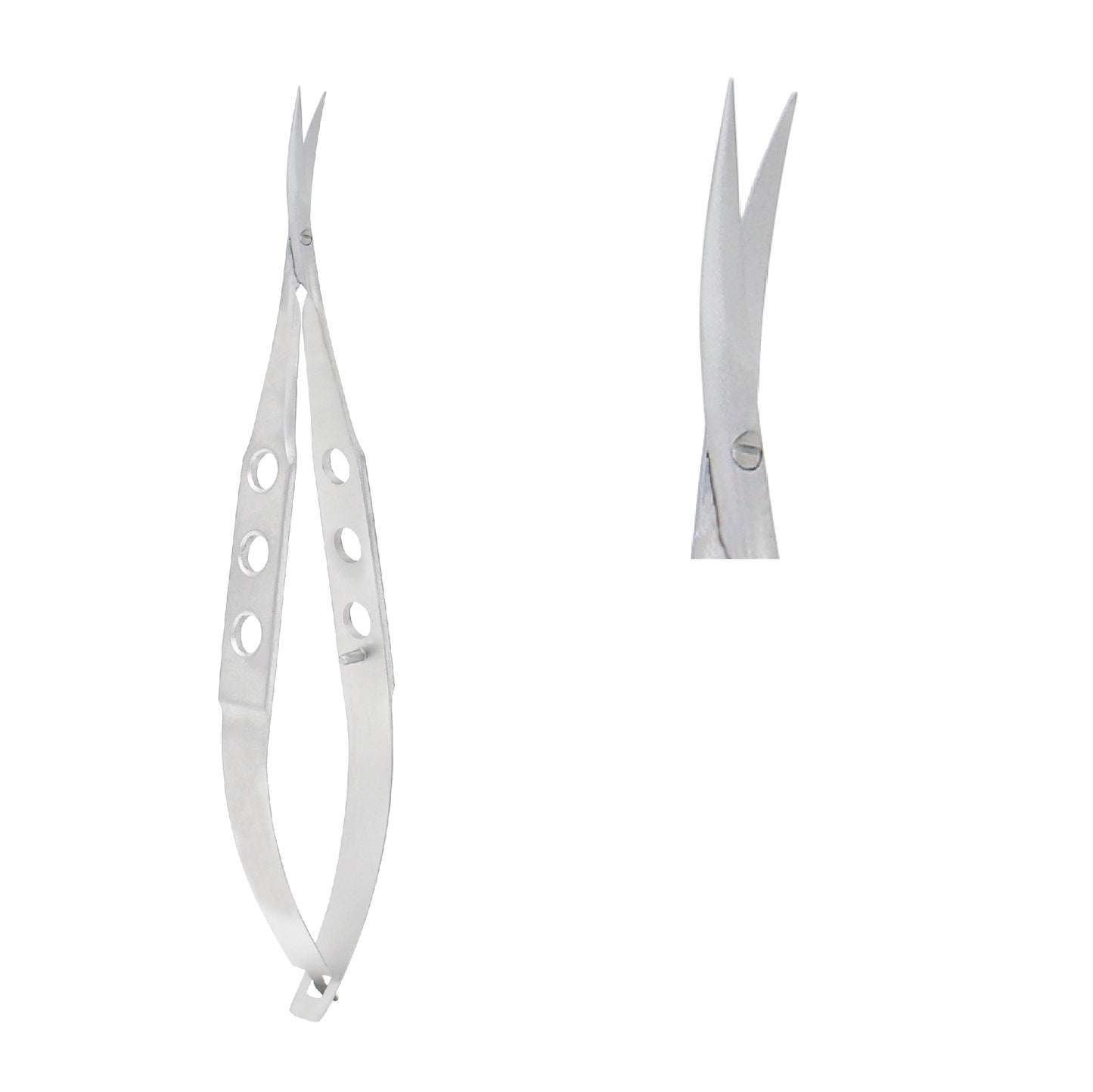 Close-up of Castroviejo Scissors curved 11.5 cm with 14 mm sharp blades for microsurgical procedures.