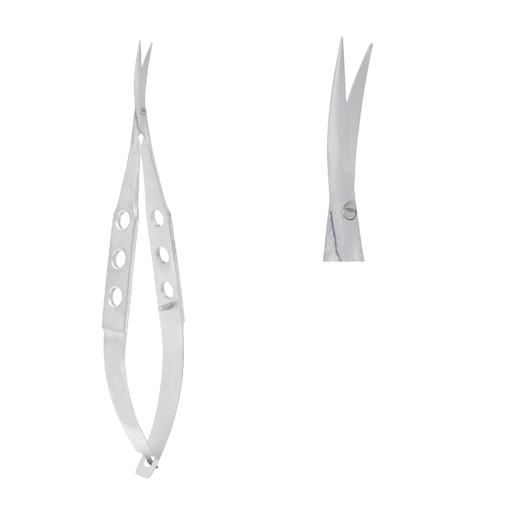 Close-up of Castroviejo Scissors curved 11.5 cm with 14 mm sharp blades for microsurgical procedures.