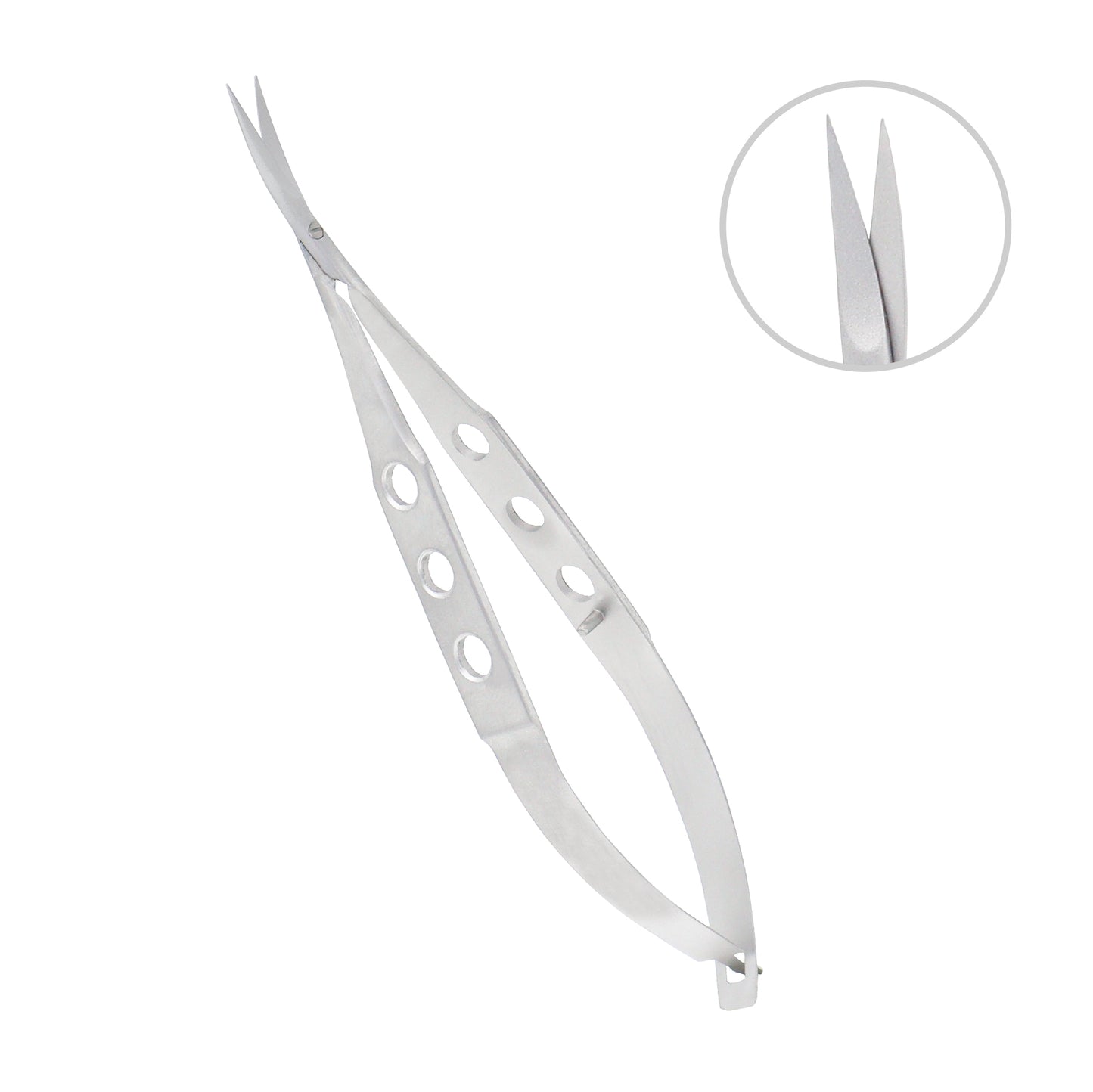 Stainless steel Castroviejo Scissors curved overall length 11.5 cm used for delicate eye surgery.