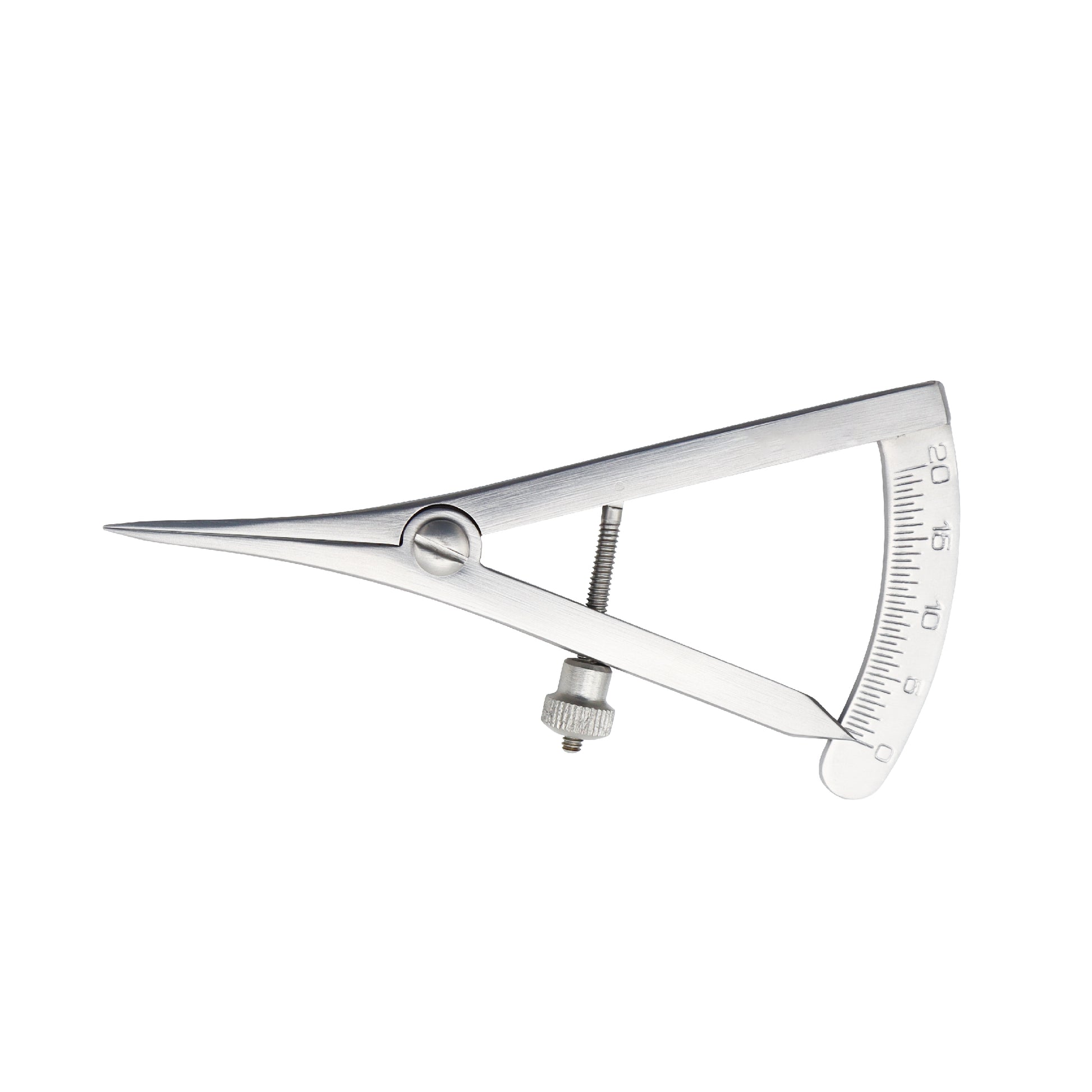 A high-quality stainless steel Castroviejo Caliper with a graduated 0–20mm measuring scale and a thumbscrew adjustment mechanism, used for precision measurements in ophthalmic, dental, and orthopedic surgeries.
