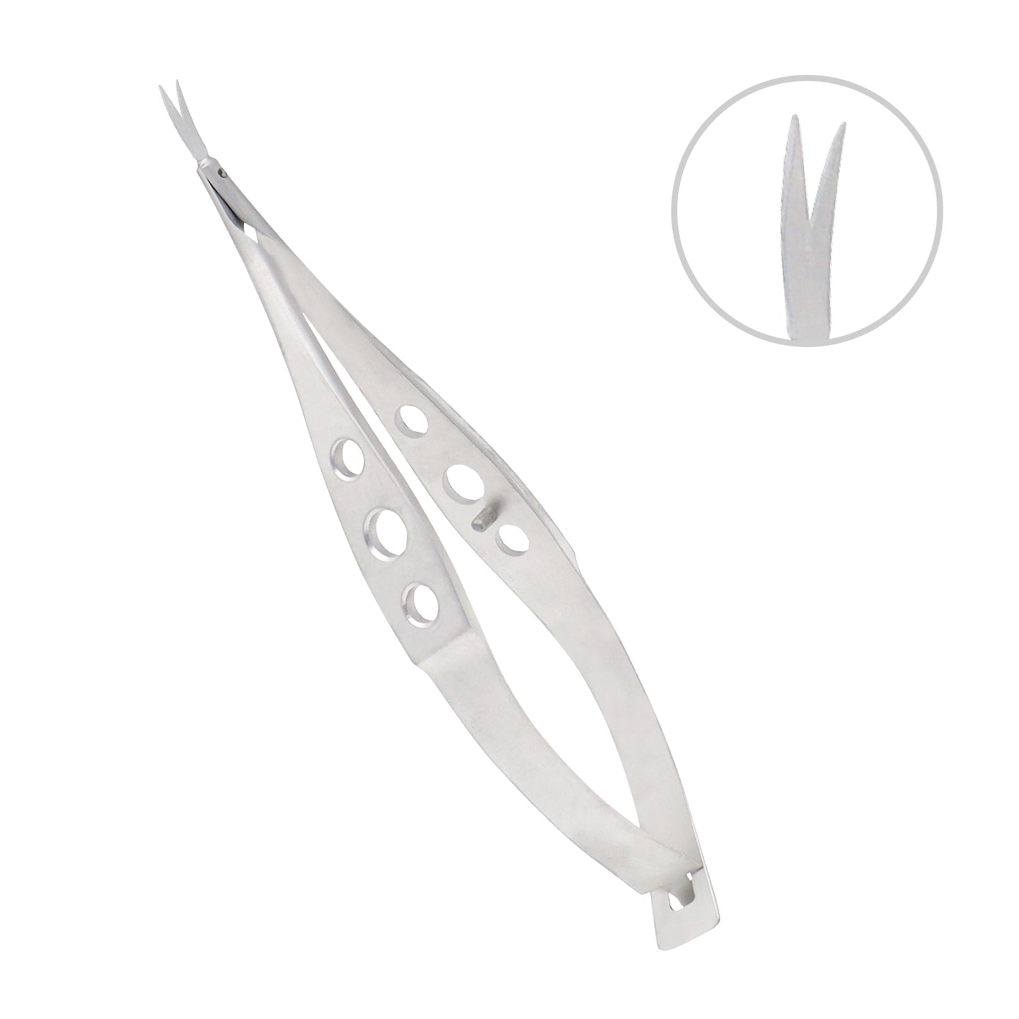 Castroviejo Universal Corneal Scissors made of medical-grade stainless steel, featuring curved precision blades, blunt safety tips, and a three-hole spring-action handle for ophthalmic surgery and delicate tissue dissection.