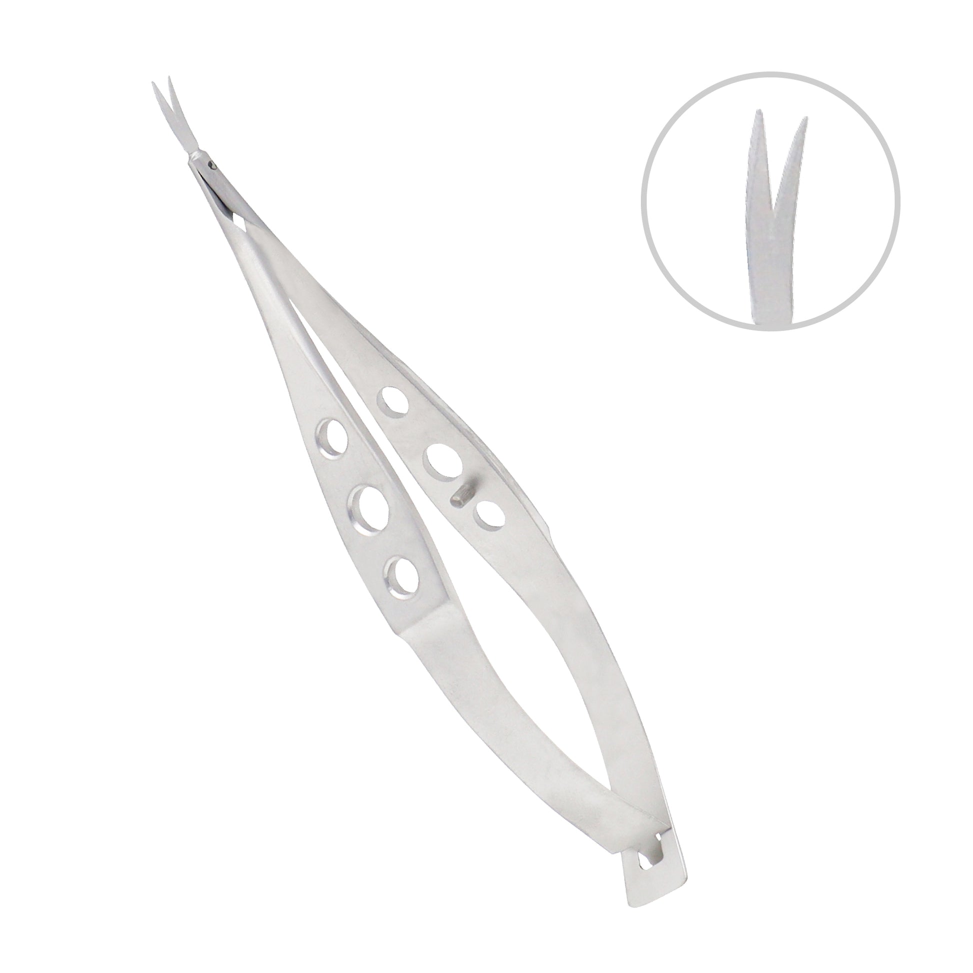 Castroviejo Universal Corneal Scissors made of medical-grade stainless steel, featuring curved precision blades, blunt safety tips, and a three-hole spring-action handle for ophthalmic surgery and delicate tissue dissection.