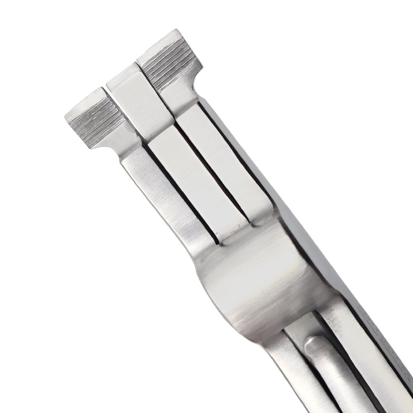 Close-up of a silver metal tool on a white background