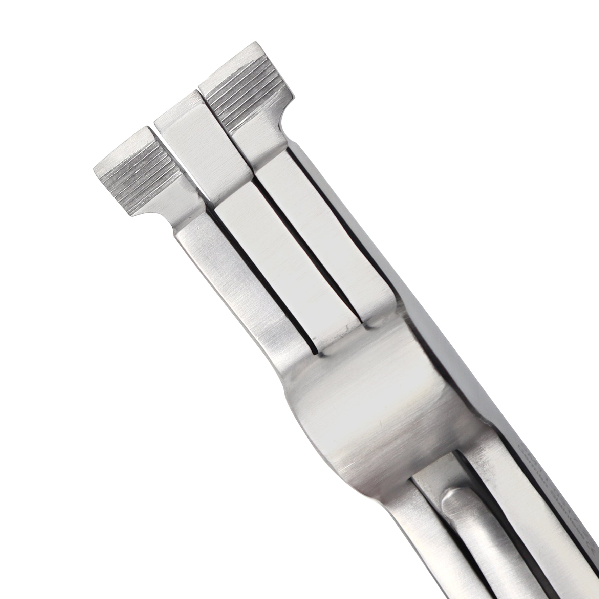 Close-up of a silver metal tool on a white background
