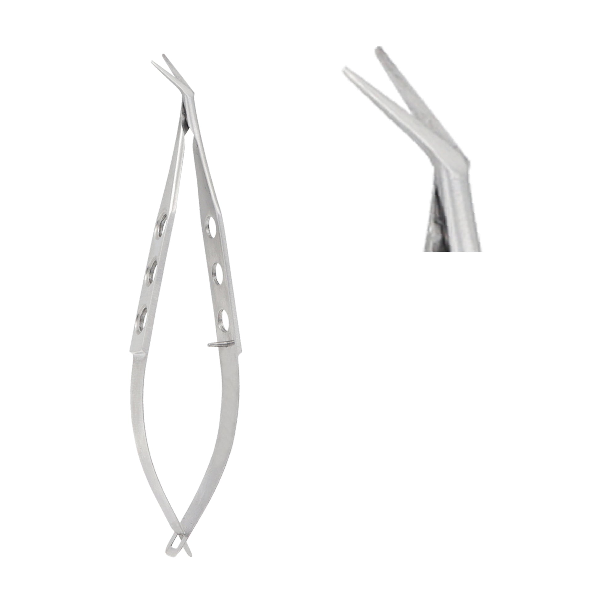 Close-up of Corneal Micro Scissors angled blunt left 10 cm for delicate corneal procedures.