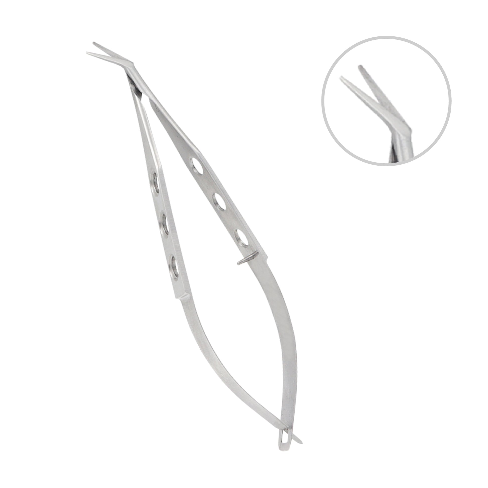 Stainless steel Corneal Micro Scissors angled blunt left overall length 10 cm used in eye surgery.