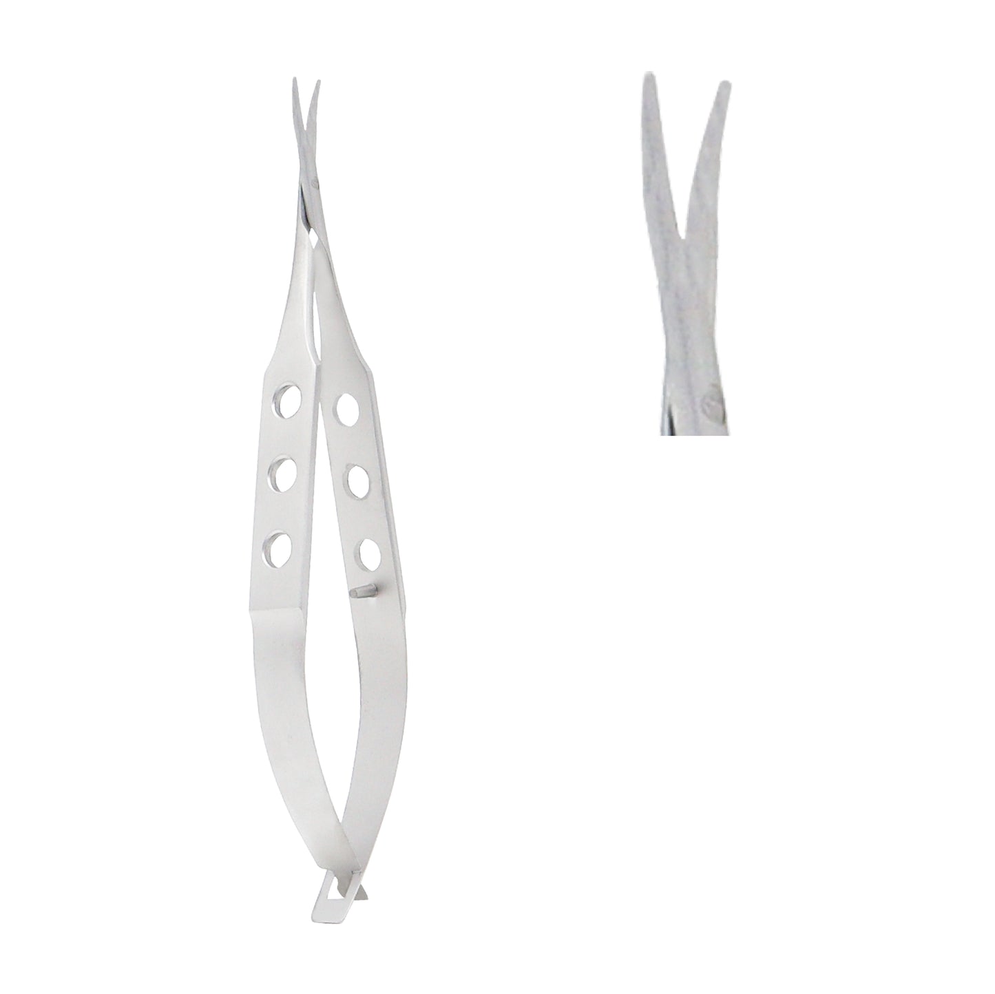 Close-up of Corneal Universal Scissors curved pointed 10.5 cm for delicate corneal procedures.