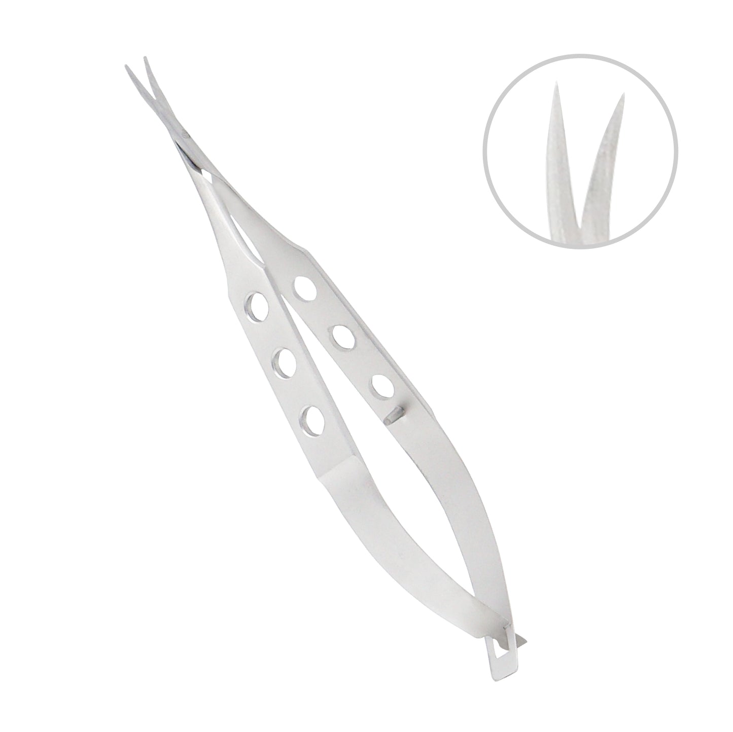 Stainless steel Corneal Universal Scissors curved pointed overall length 10.5 cm used in ophthalmic surgery.