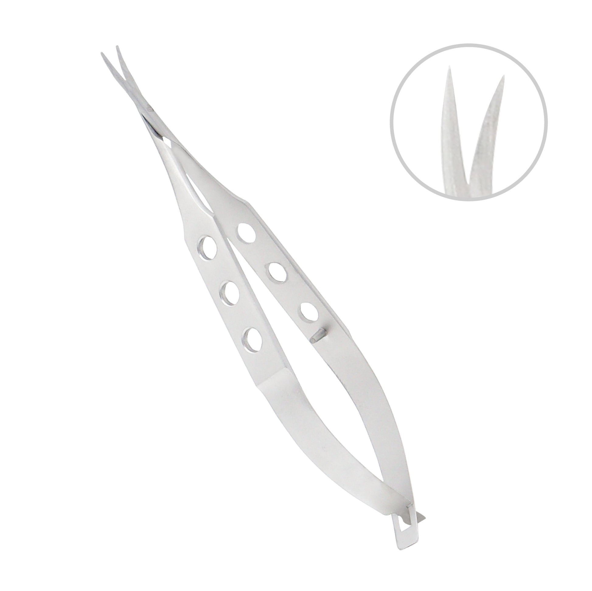 Stainless steel Corneal Universal Scissors curved pointed overall length 10.5 cm used in ophthalmic surgery.