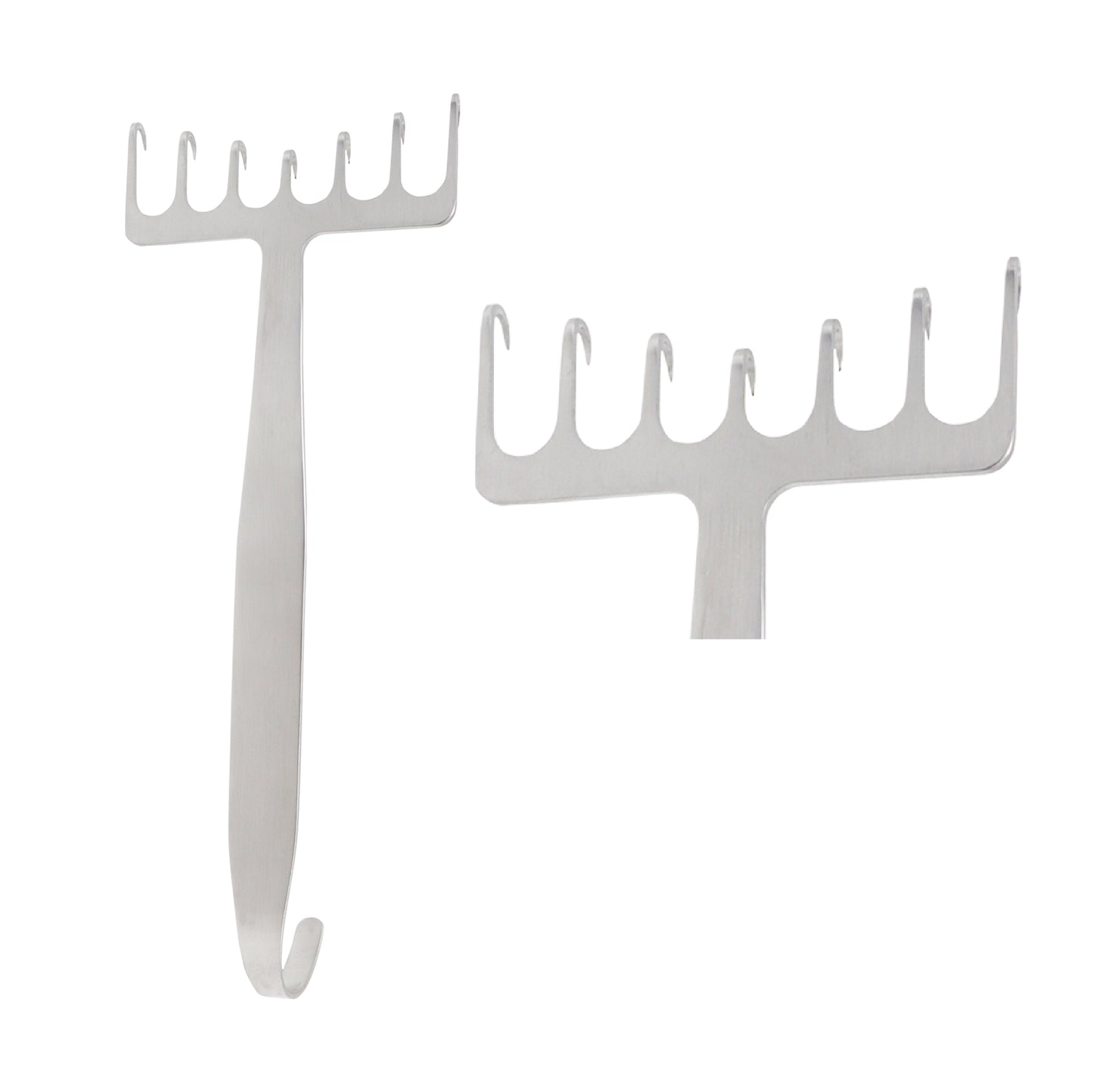 A stainless steel surgical rake retractor with seven sharp prongs, a long handle, and a curved finger grip at the end, typically used for skin retraction during facelift or brow lift procedures.