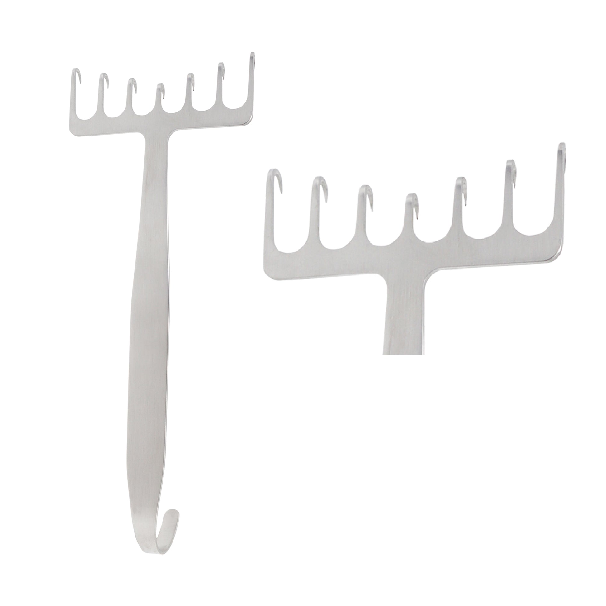 A stainless steel surgical rake retractor with seven sharp prongs, a long handle, and a curved finger grip at the end, typically used for skin retraction during facelift or brow lift procedures.
