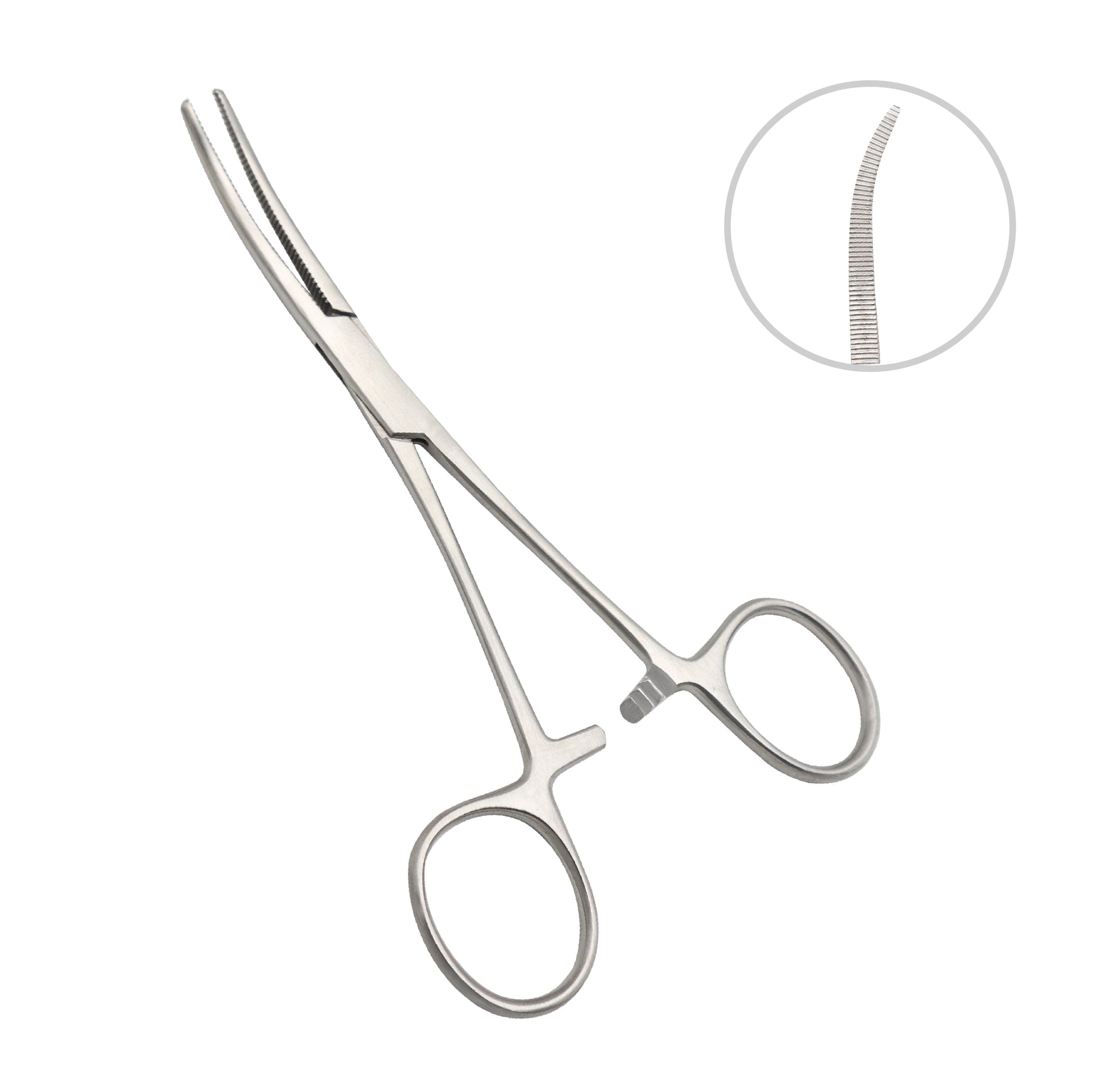 Curved Crile hemostatic forceps with fully serrated jaws and a ratchet locking mechanism, used for surgical clamping.