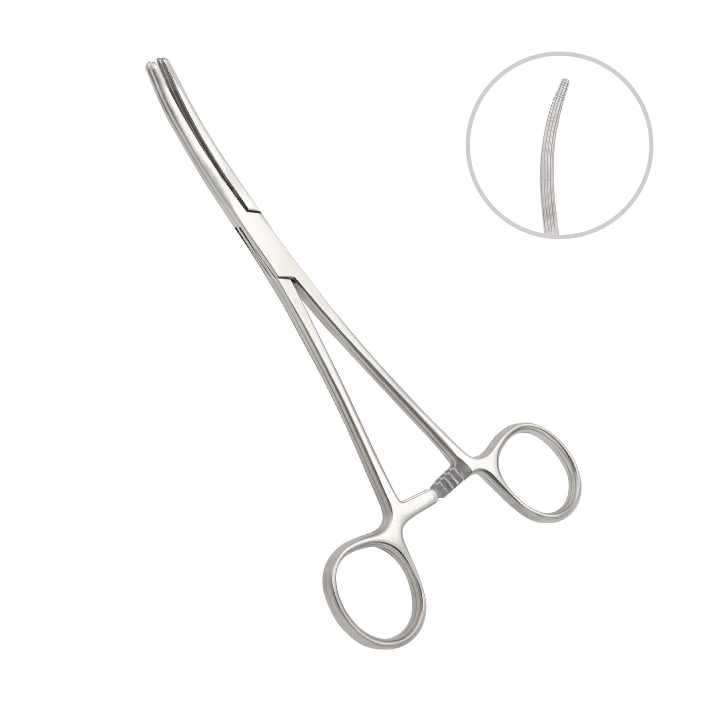 Stainless steel curved Mayo surgical scissors with rounded tips and finger ring handles, isolated on a white background with a detail inset showing blade serrations.