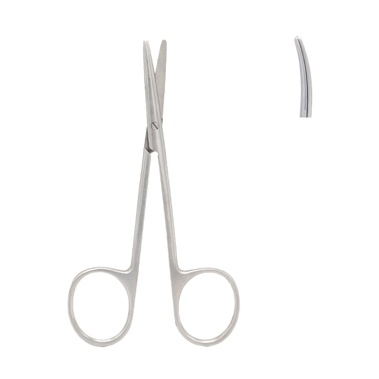 A pair of stainless steel surgical scissors with long, slender handles and short, curved blades, shown against a white background with a small inset detail of the curved tip.