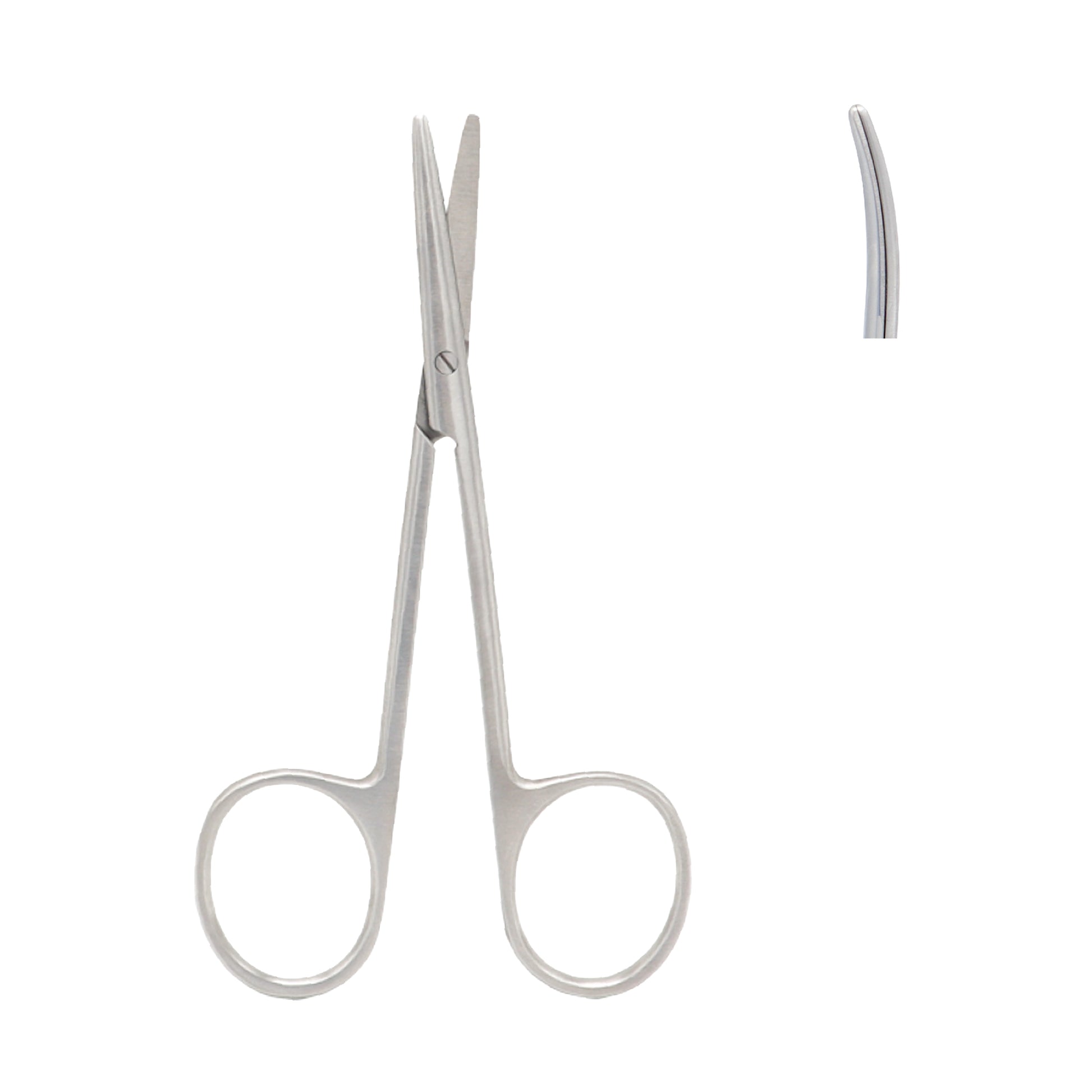 A pair of stainless steel surgical scissors with long, slender handles and short, curved blades, shown against a white background with a small inset detail of the curved tip.