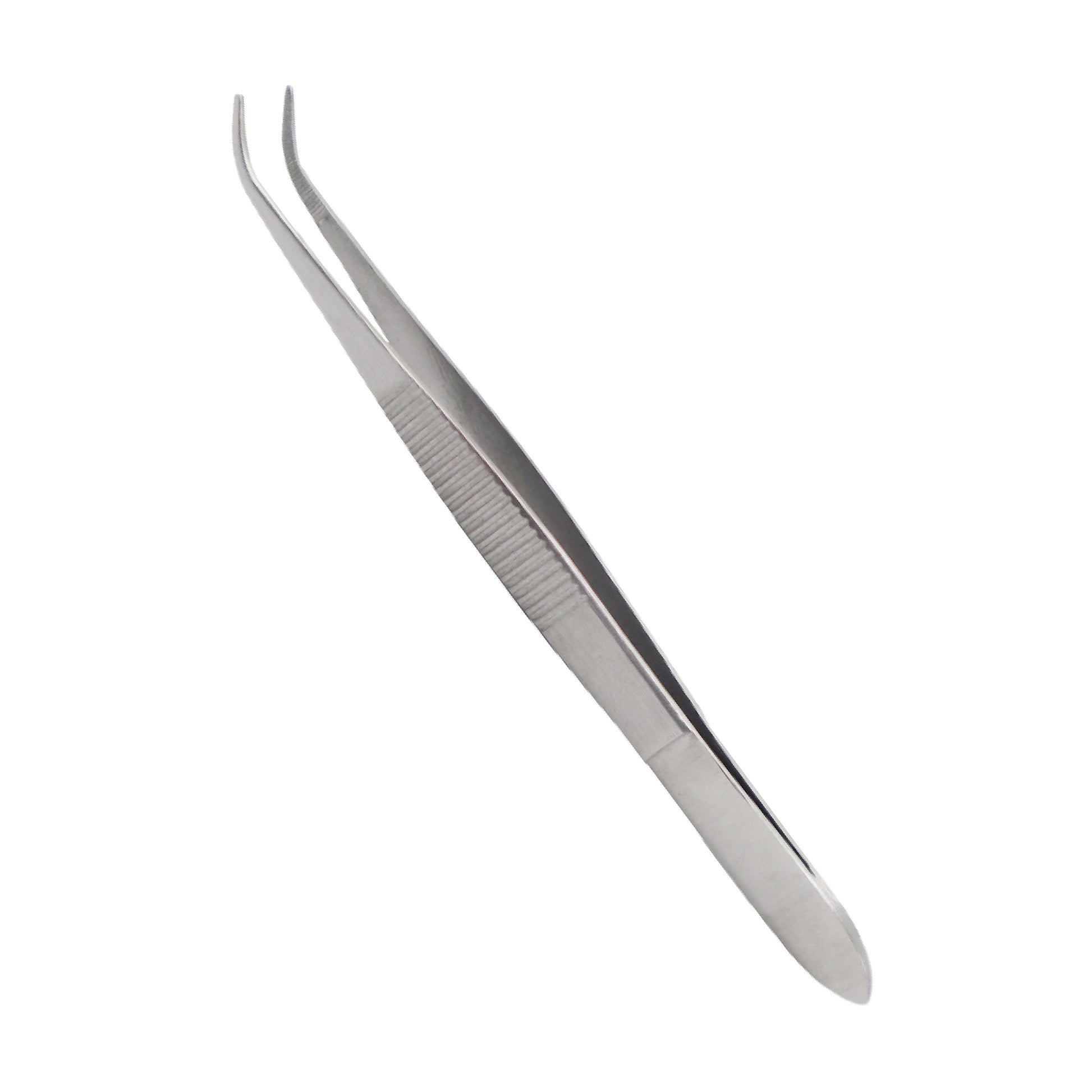 A pair of stainless steel surgical forceps with a curved, pointed tip and a serrated handle for grip.