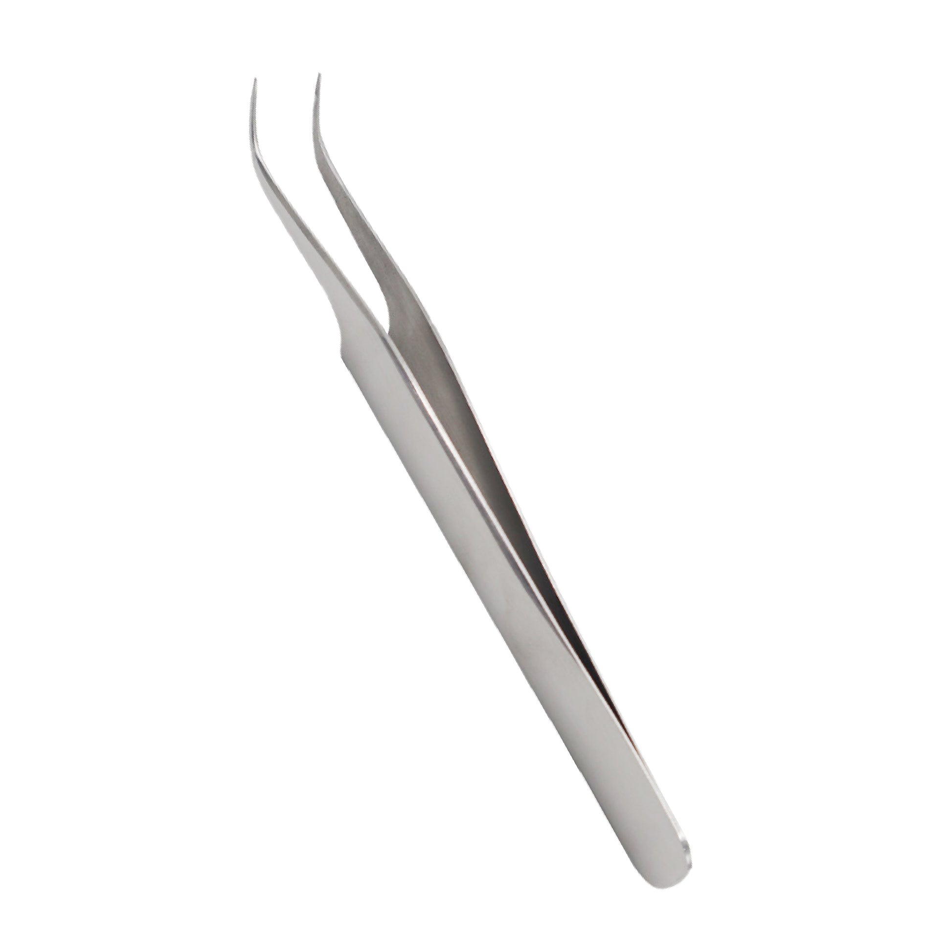 Professional stainless steel precision tweezers with a curved, pointed tip for eyelash extensions, dental bracket placement, or micro-surgical procedures.