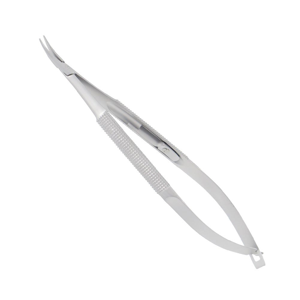 Curved micro needle holder with locking mechanism, made of stainless steel, typically used in medical procedures such as suturing.