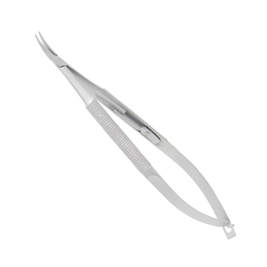Curved micro needle holder with locking mechanism, made of stainless steel, typically used in medical procedures such as suturing.