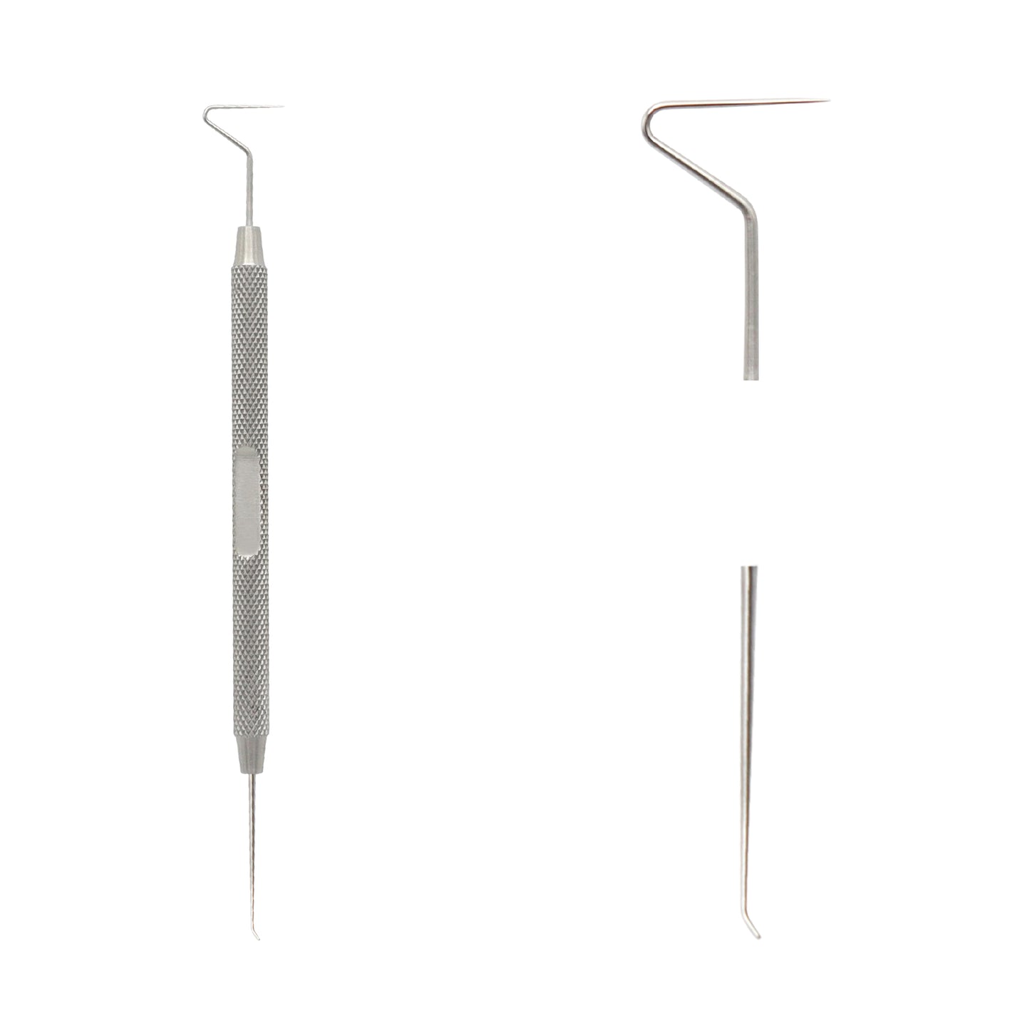 A double-ended stainless steel DG16 endodontic explorer with sharp, tapered tips and a knurled handle for grip, commonly used in dental root canal procedures.