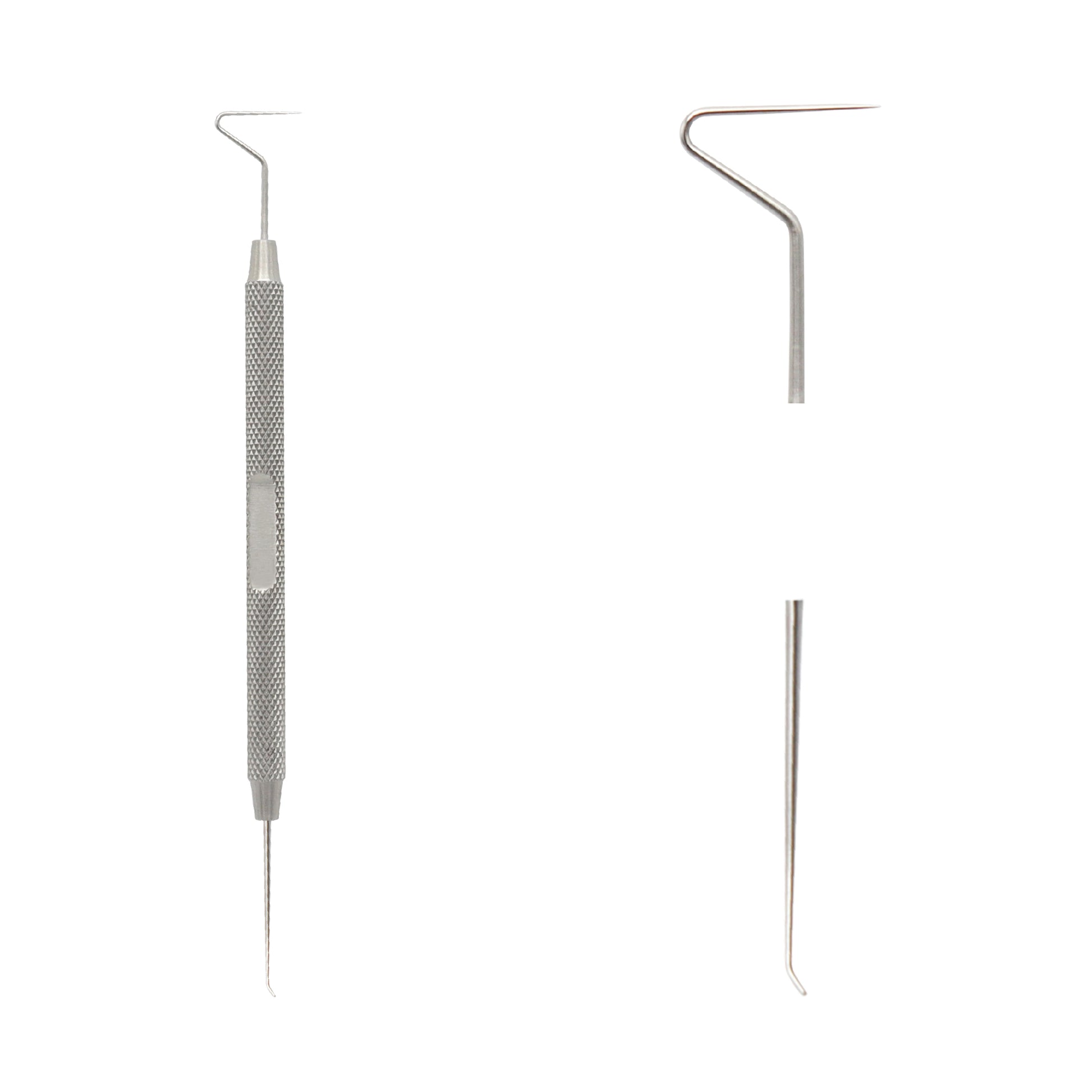 A double-ended stainless steel DG16 endodontic explorer with sharp, tapered tips and a knurled handle for grip, commonly used in dental root canal procedures.