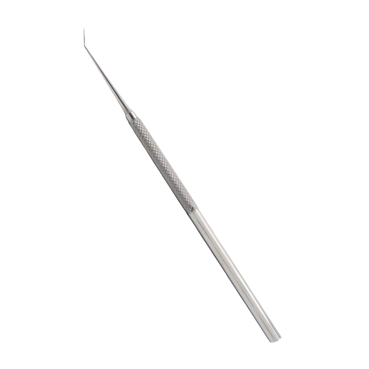 Single-ended stainless steel dental explorer probe with a knurled handle and a sharp, angled diagnostic hook