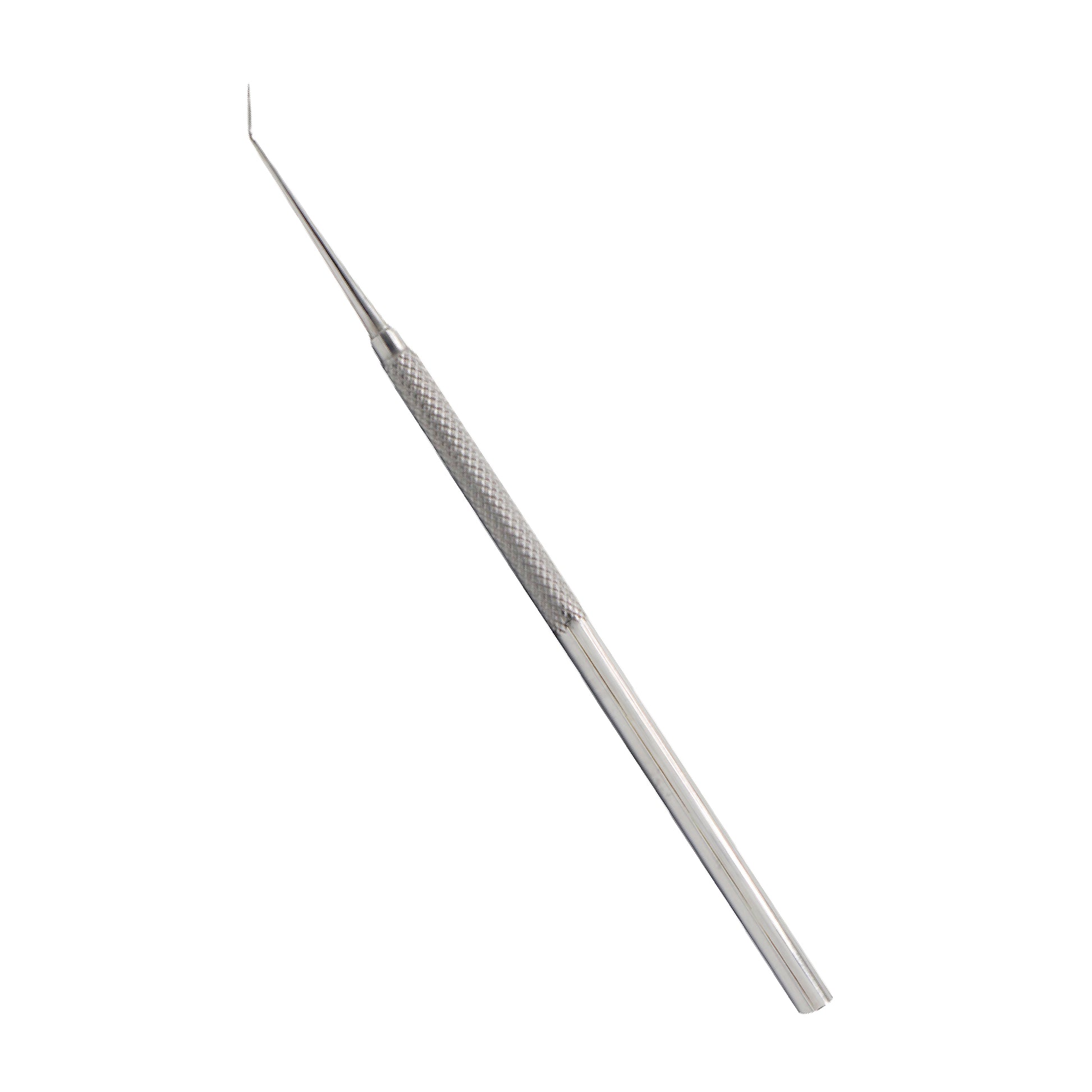 Single-ended stainless steel dental explorer probe with a knurled handle and a sharp, angled diagnostic hook