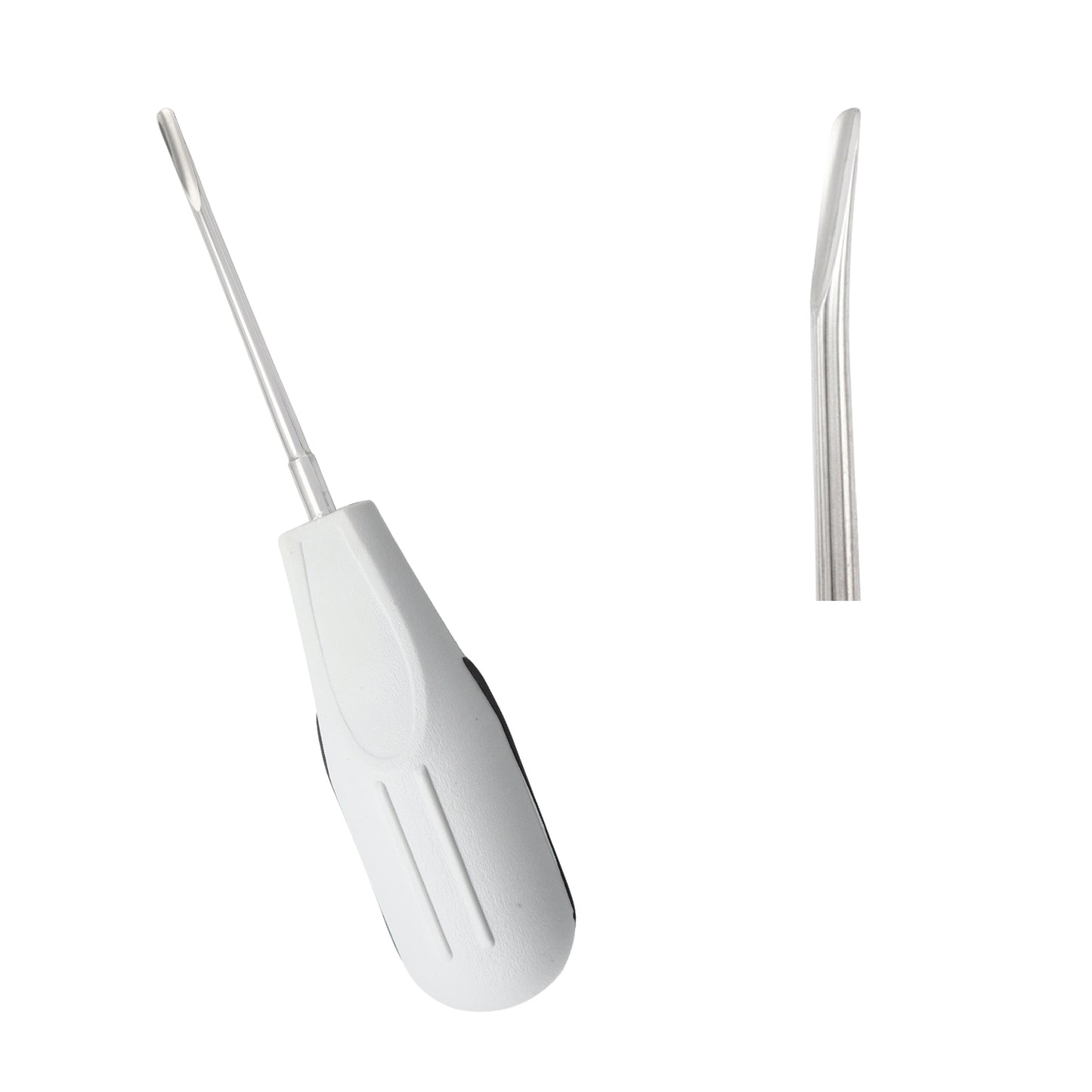 Close up of a professional white-handled dental luxating elevator tool showcasing the ergonomic grip and curved tip against a white background.