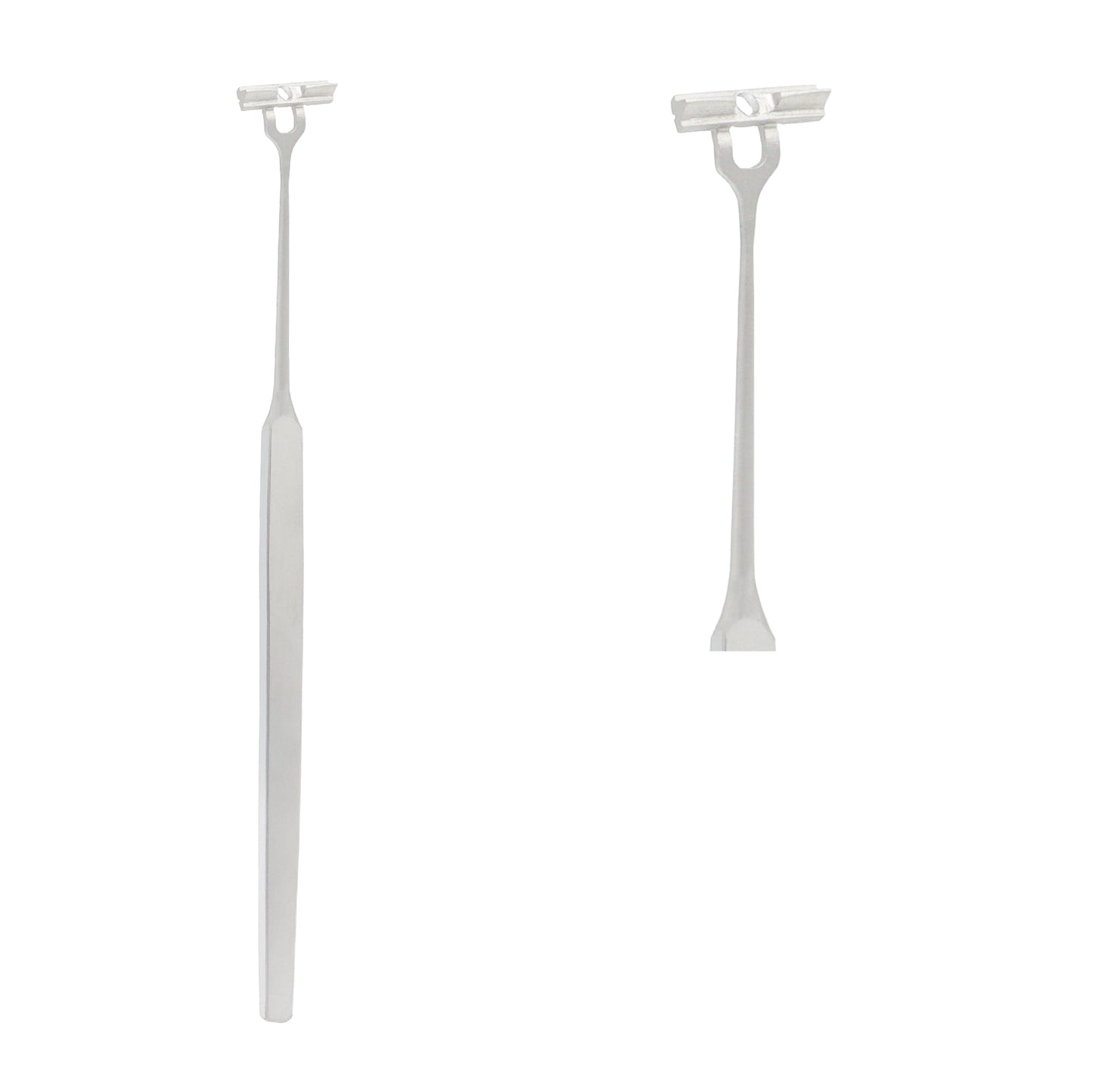 Front and side view of a white plastic disposable Desmarres eyelid retractor showing a long handle and smooth curved blade tip against a plain white background.
