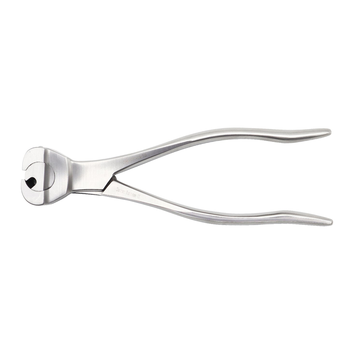 Surgical diamond pin and wire cutter made of polished stainless steel, featuring a specialized cutting head and ergonomic handles, shown against a plain white background.