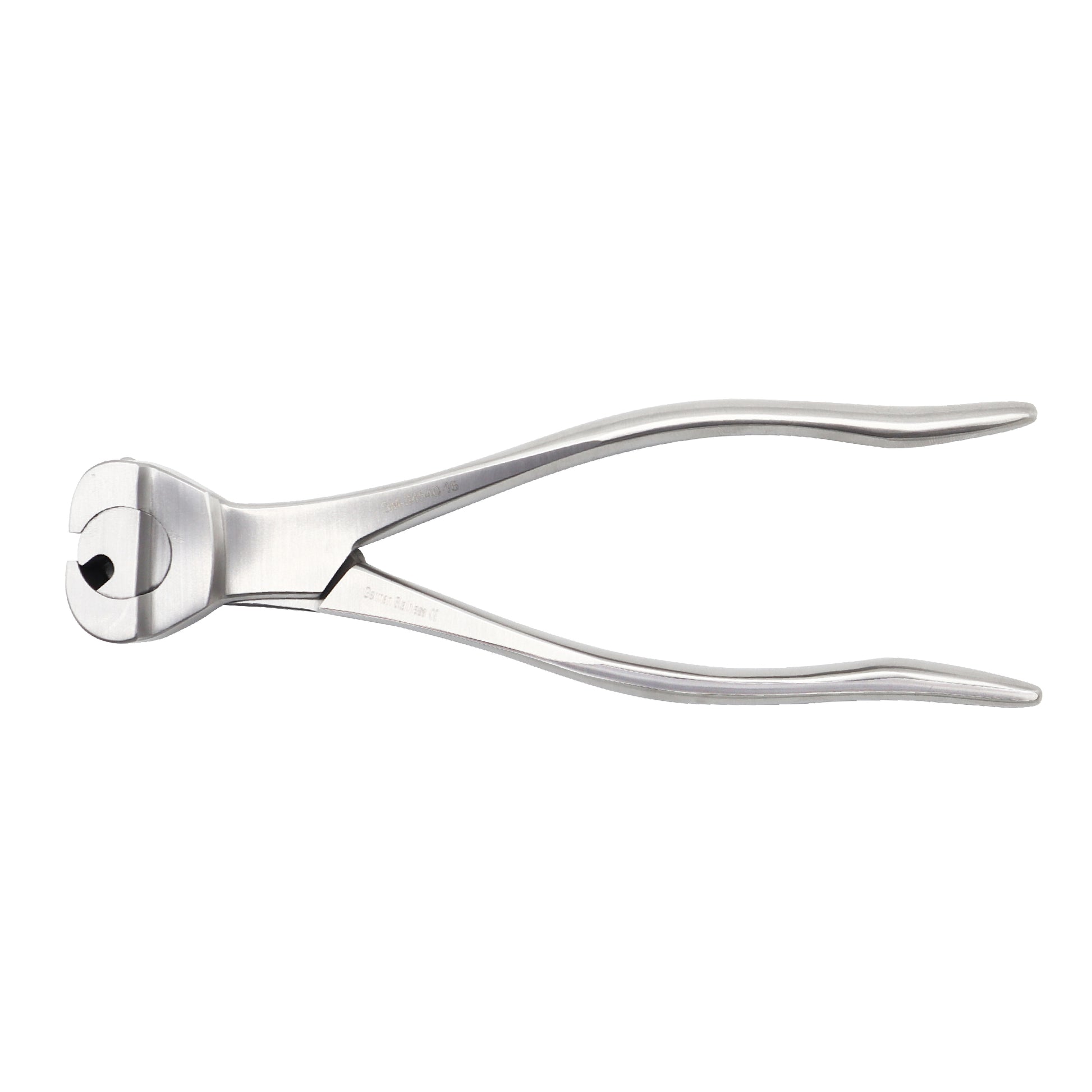 Surgical diamond pin and wire cutter made of polished stainless steel, featuring a specialized cutting head and ergonomic handles, shown against a plain white background.