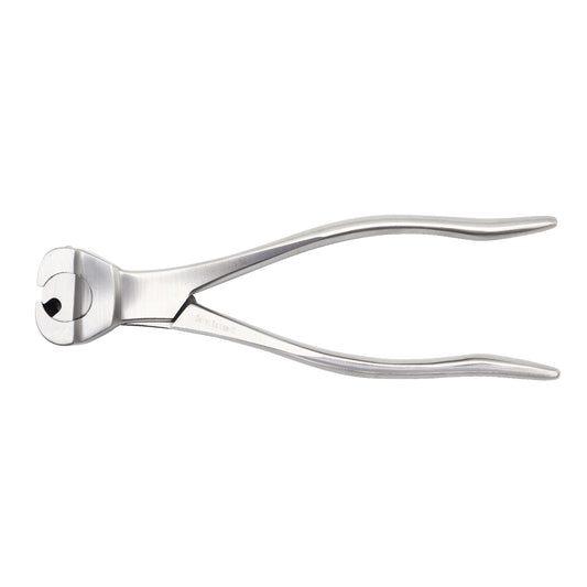 Surgical diamond pin and wire cutter made of polished stainless steel, featuring a specialized cutting head and ergonomic handles, shown against a plain white background.