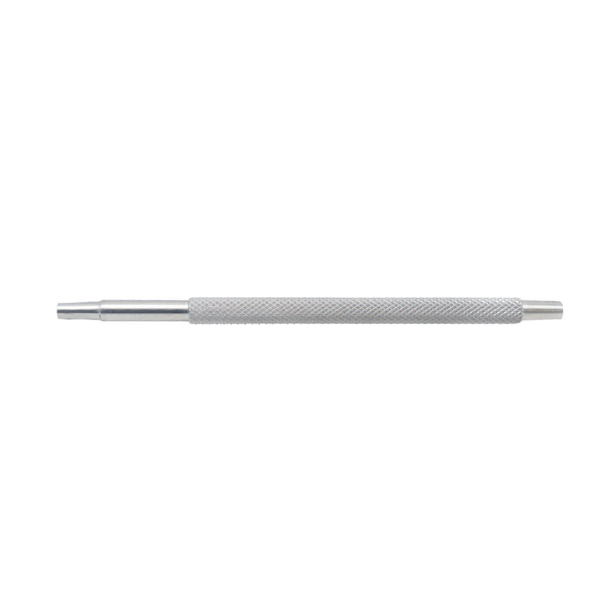 Horizontal view of a silver chrome-plated steel die punch tool rod featuring a knurling textured handle for grip, isolated against a solid white background.