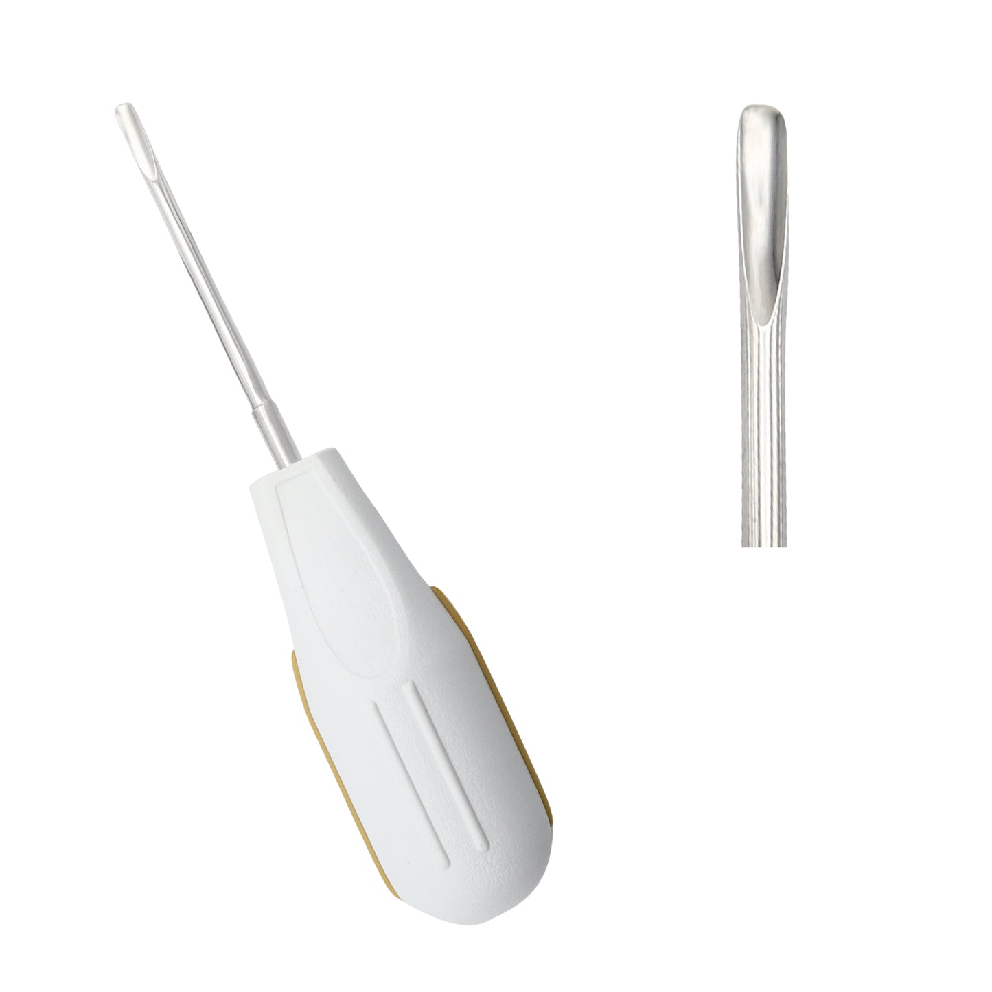 Close-up of a 5mm straight-blade dental luxating elevator showing a sharp tip, ultra-thin periotome edge, and an ergonomic white composite handle with vertical tan accents for surgical tooth extractions.