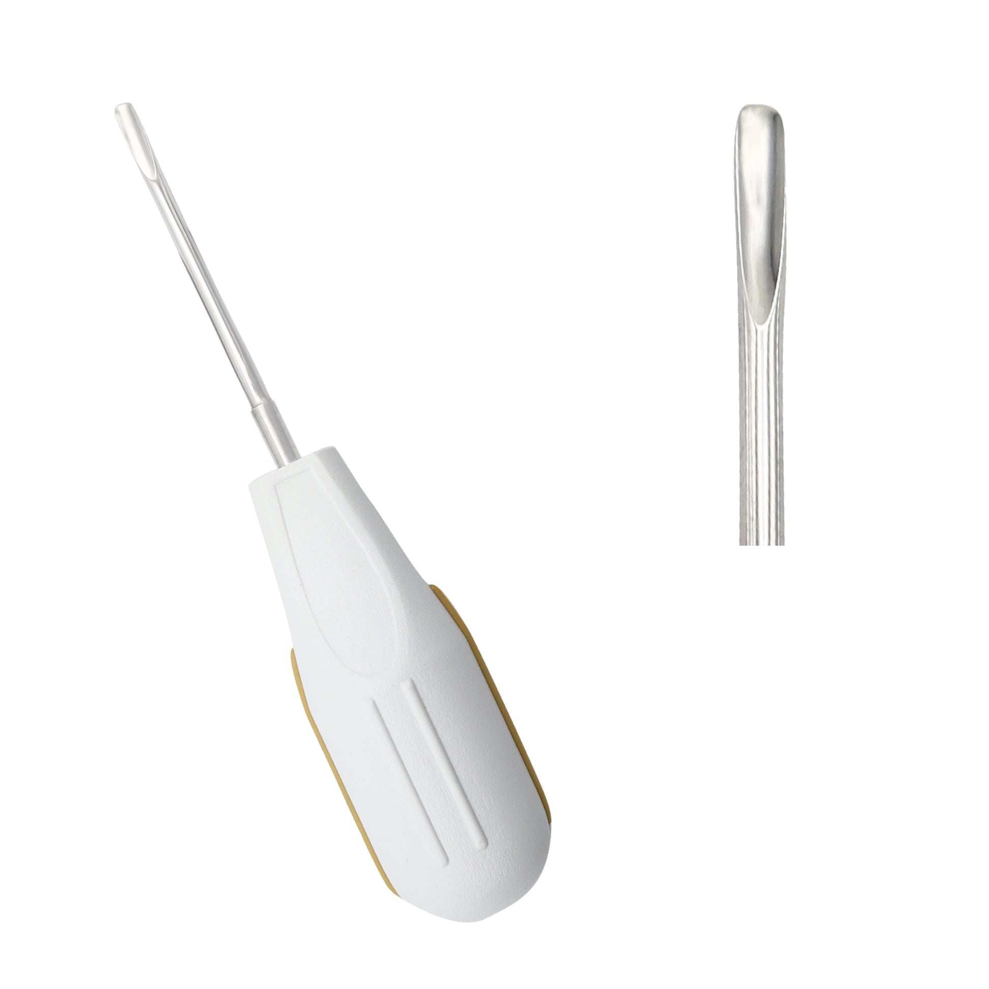 Close-up of a 5mm straight-blade dental luxating elevator showing a sharp tip, ultra-thin periotome edge, and an ergonomic white composite handle with vertical tan accents for surgical tooth extractions.