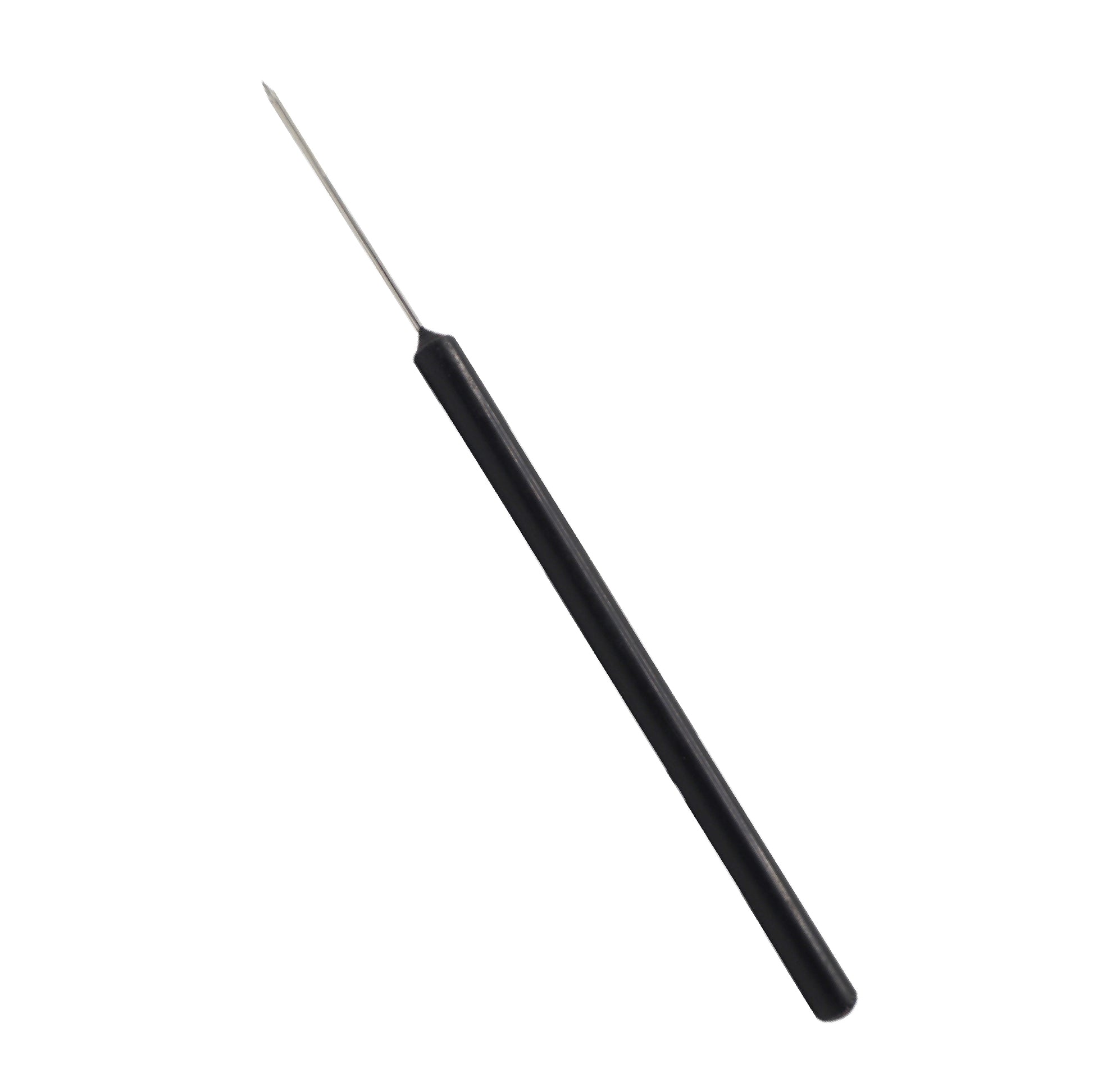 A straight, sharp-pointed stainless steel dissecting needle with a black plastic handle, used for precision lab work and specimen manipulation.
