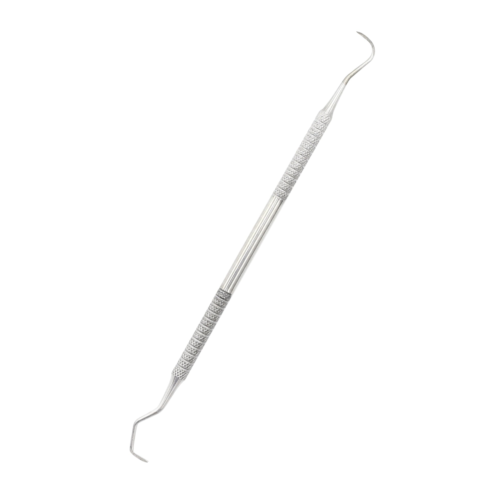 A double-ended stainless steel dental explorer tool with curved, pointed tips and a textured, knurled metal handle for grip, isolated on a white background.