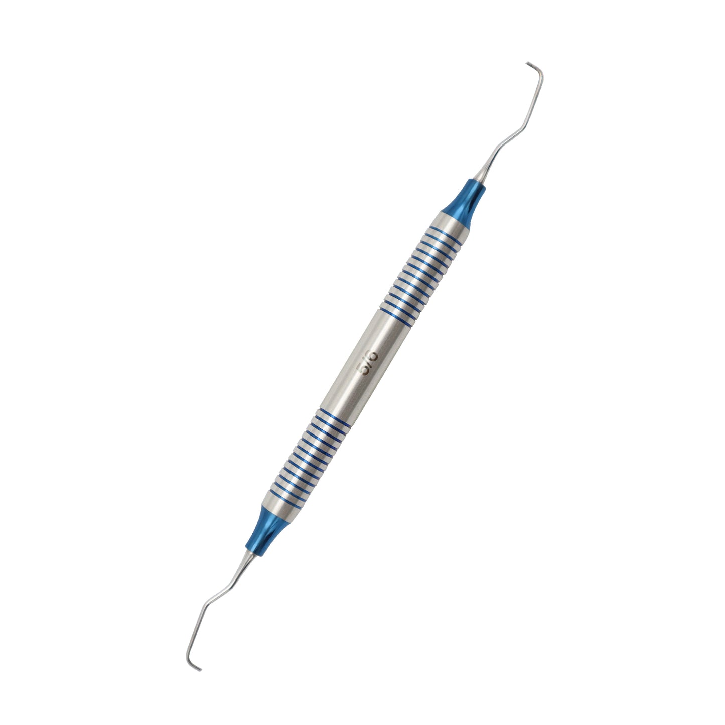 Double-ended dental explorer probe featuring a textured hollow stainless steel handle and blue titanium-coated curved tips against a white background.