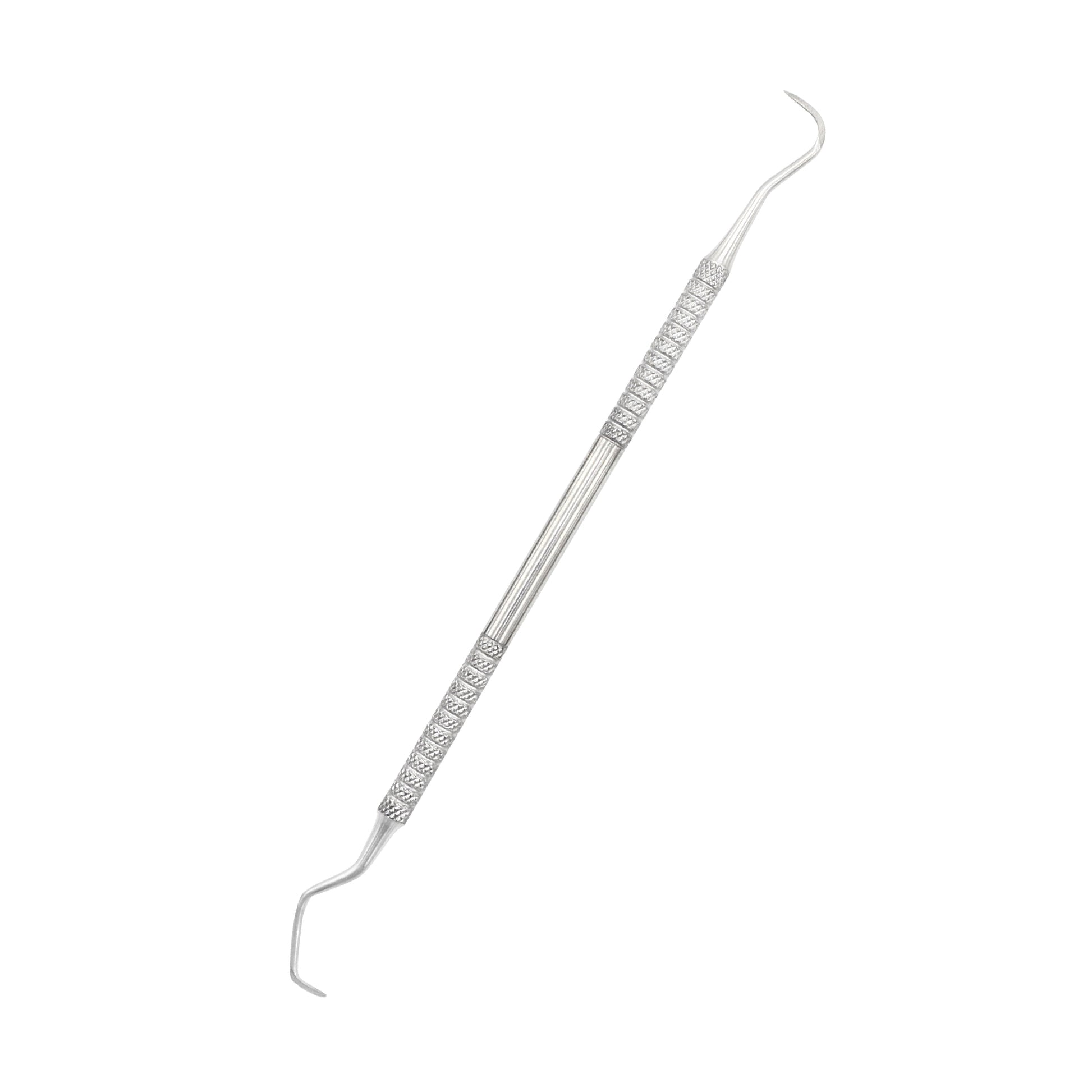 A double-ended stainless steel dental instrument, featuring a sharp curved sickle scaler on one end and a thin hook-shaped dental explorer probe on the other, positioned diagonally against a solid white background.
