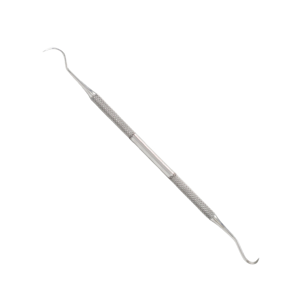 A stainless steel double-ended dental sickle scaler with sharp, curved tips and a knurled grip handle, isolated on a white background.