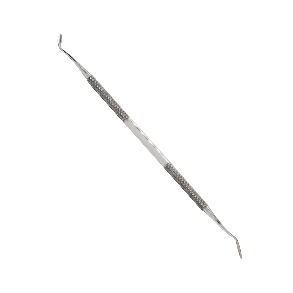 A double-ended dental hand instrument with an angled blade and paddle tip, featuring a textured knurled handle for grip, isolated on a clean white background.