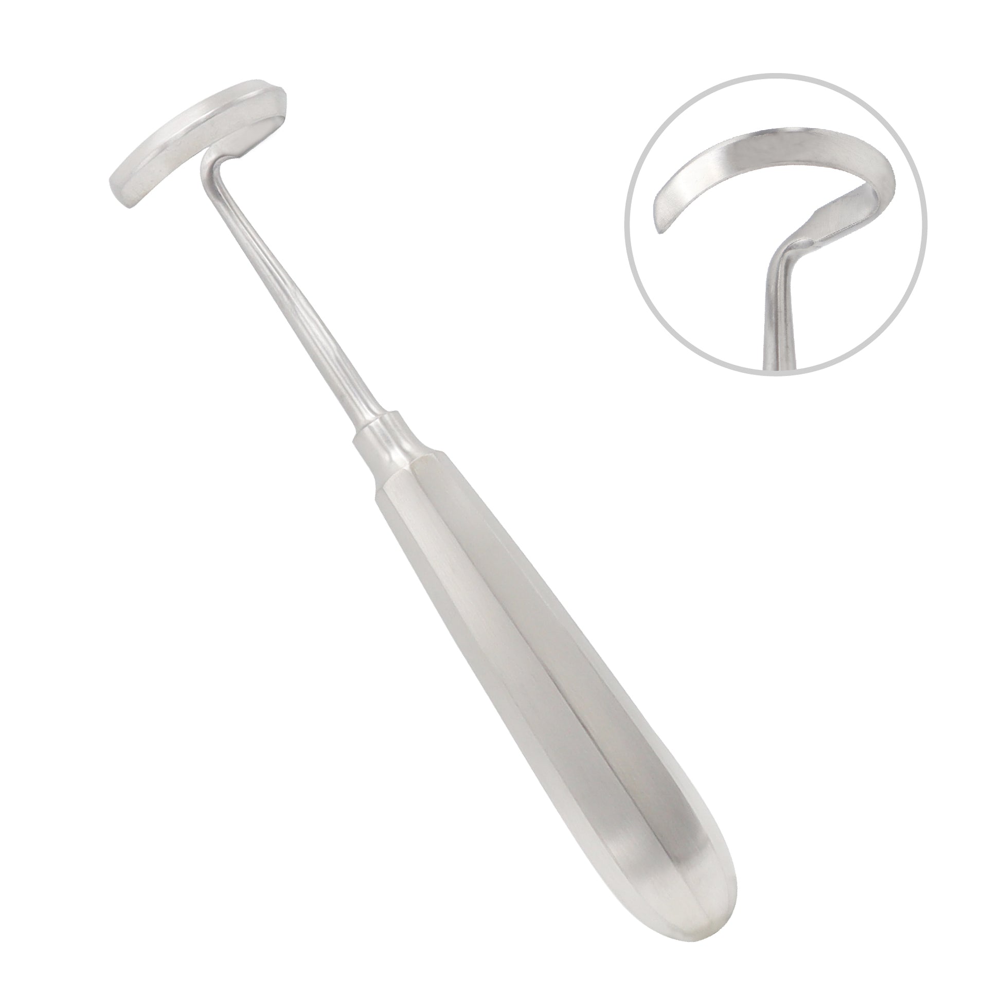 Stainless steel Doyen rib elevator and raspatory with a curved hook blade on a plain white background