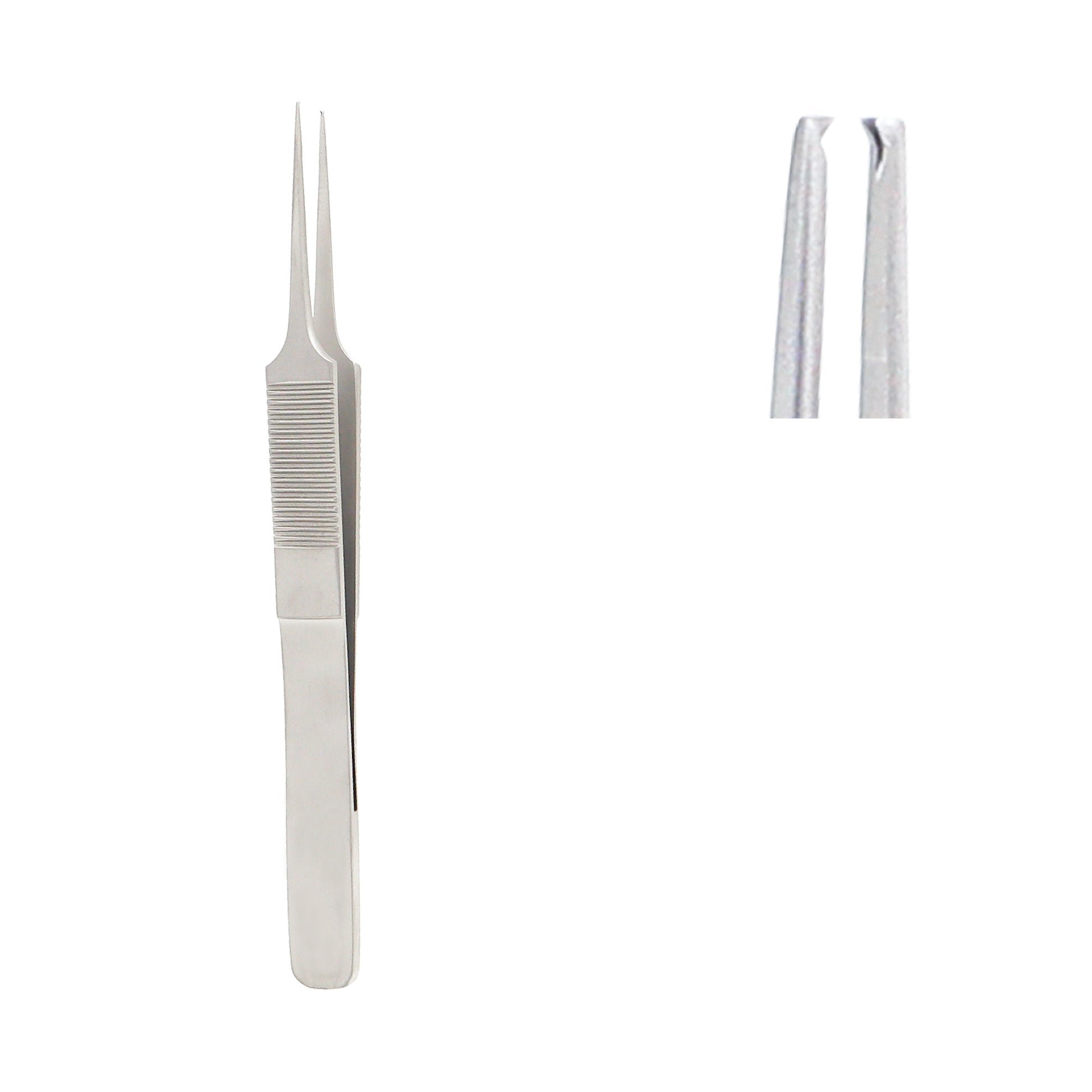 Stainless steel Elschnig fixation forceps with 1x2 teeth and a serrated grip, used for precision tissue manipulation in eye surgery.