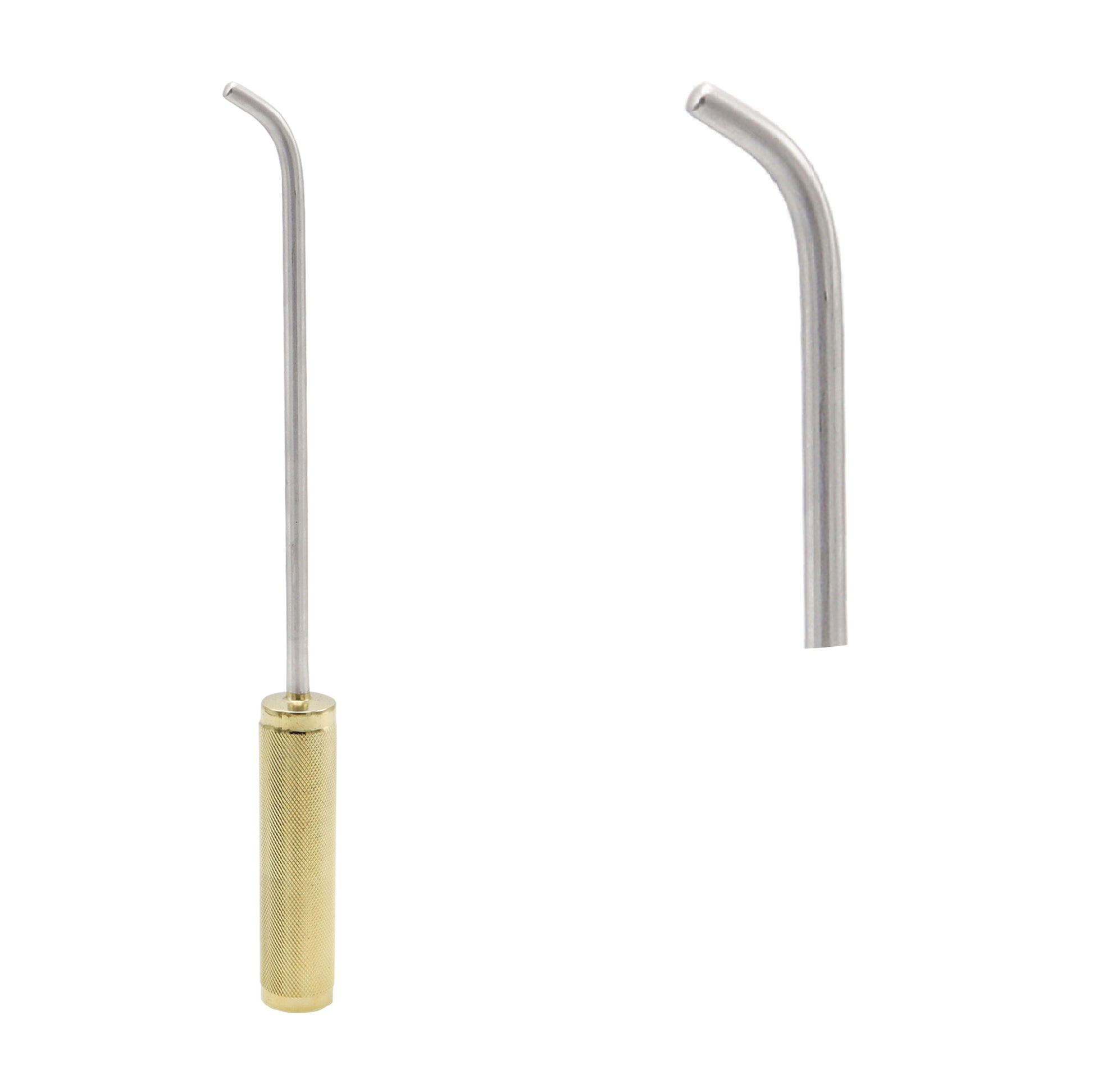 Emory-style breast dissector surgical instrument with a curved stainless steel tip and a knurled brass handle, shown against a white background with a close-up of the tip.