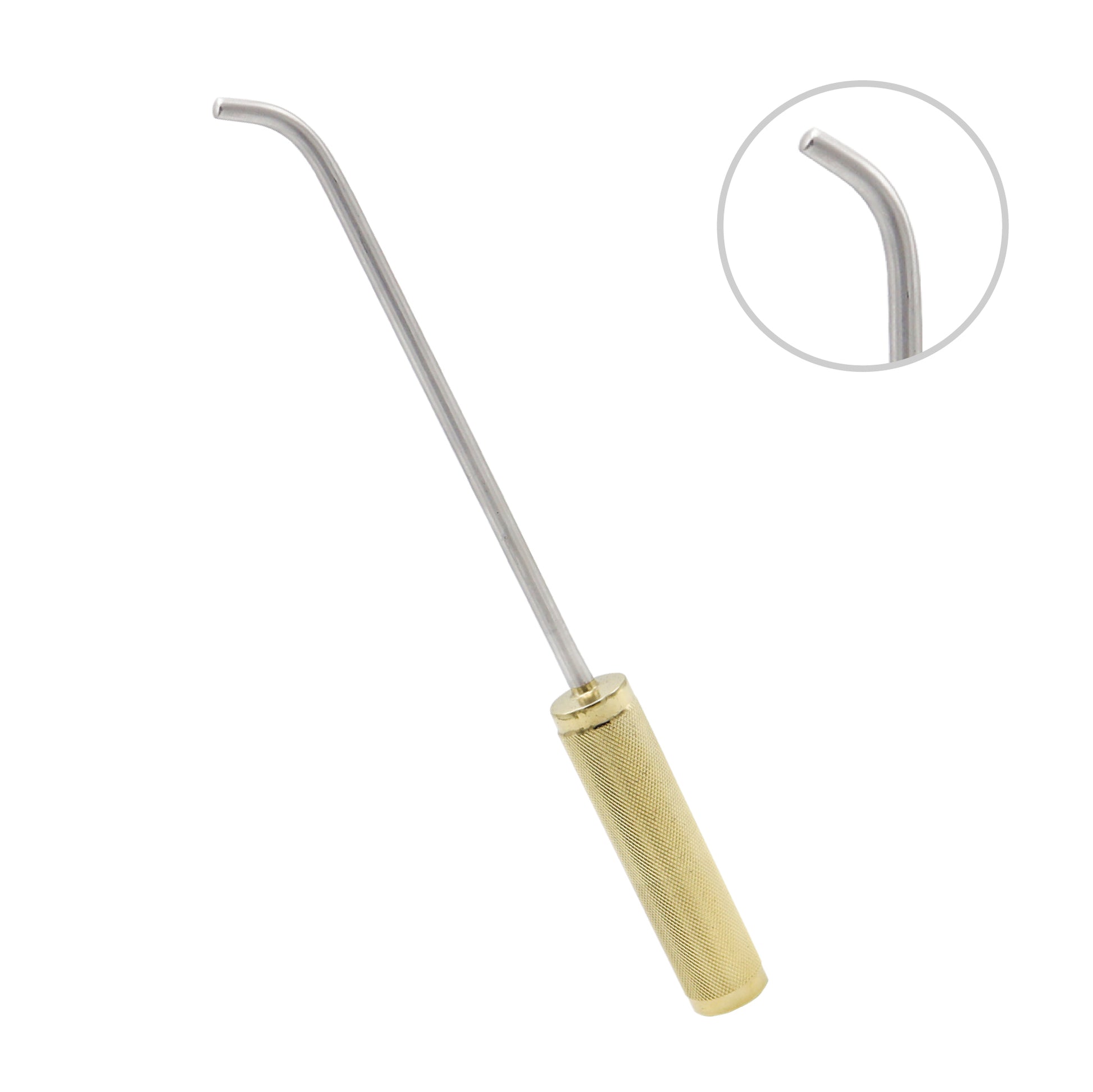 A surgical breast dissector with a long, curved stainless steel shaft and a knurled gold-plated handle, shown against a white background with a close-up inset of the blunt tip.