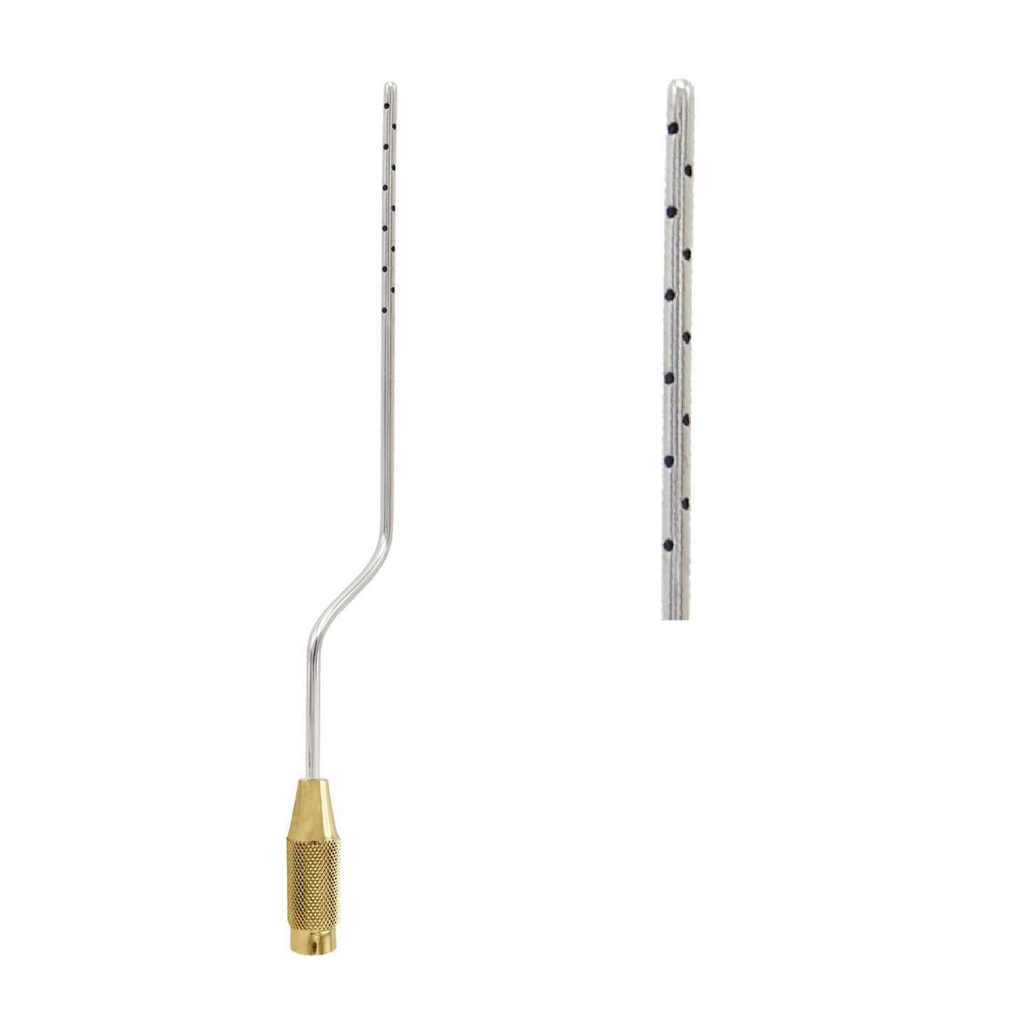 It features a unique bayonet-shaped stainless steel shaft designed for fat extraction. The tip typically contains 22 or more aspiration holes to ensure efficient fat removal during medical procedures. The base has a gold-colored threaded connector for attaching to a handle or suction device.