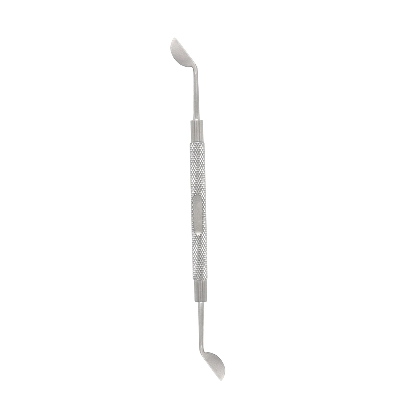 A double-ended, medical-grade stainless steel dental instrument with a knurled (textured) center handle and two curved, spoon-shaped tips." This describes its primary physical features: the material, the grip for precision, and the functional ends.