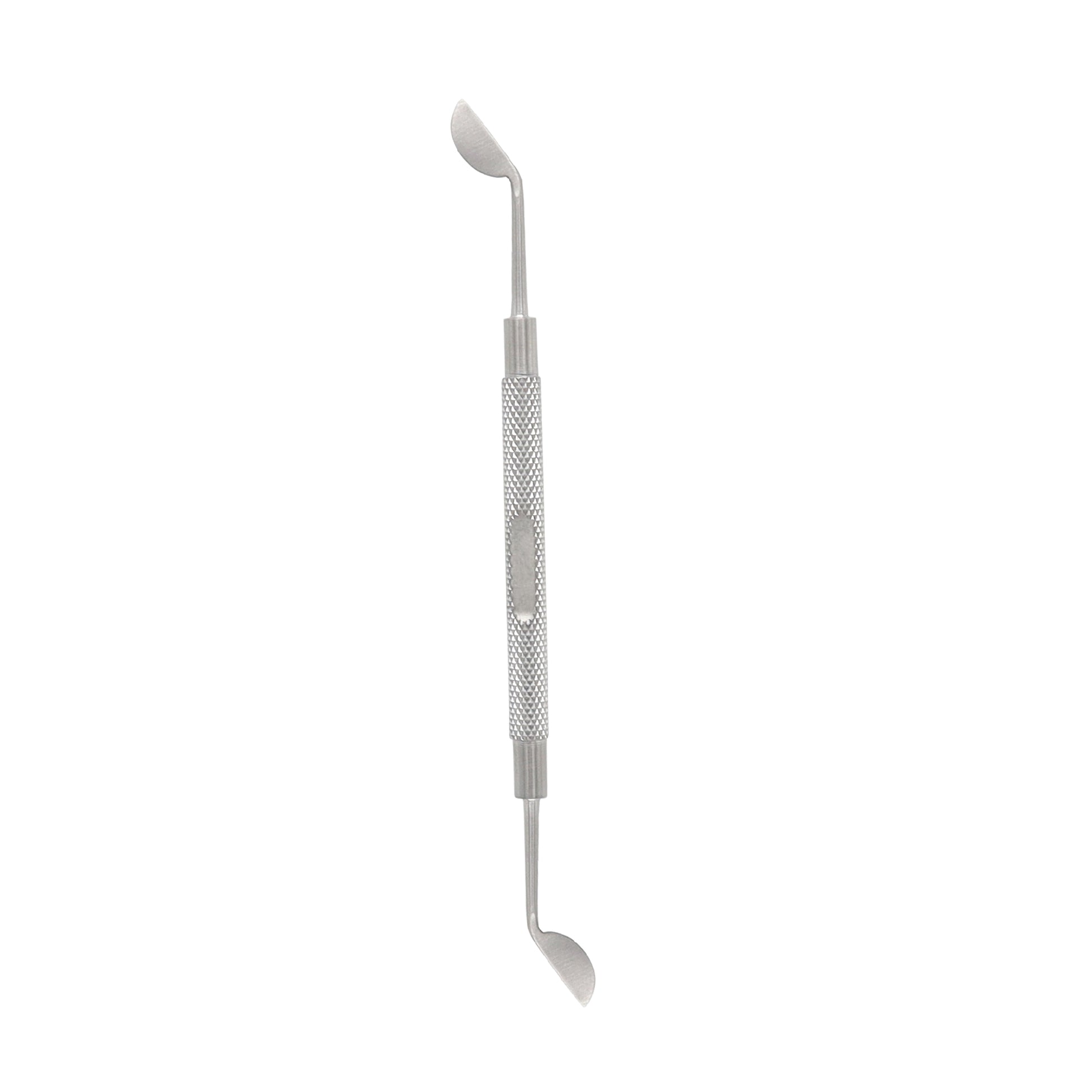 A double-ended, medical-grade stainless steel dental instrument with a knurled (textured) center handle and two curved, spoon-shaped tips." This describes its primary physical features: the material, the grip for precision, and the functional ends.