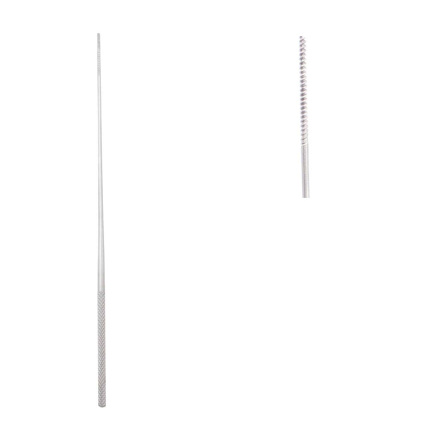 Dual views of a stainless steel Farrell cotton applicator showing the full length with a textured knurled handle on a plain white background, alongside a close-up detail view of its specialized cross-serrated tip designed to hold cotton swabs during ear, nose, and throat procedures.