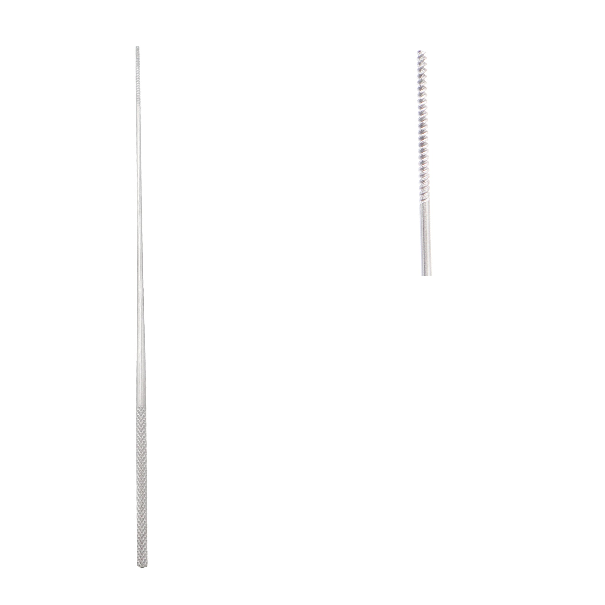 Dual views of a stainless steel Farrell cotton applicator showing the full length with a textured knurled handle on a plain white background, alongside a close-up detail view of its specialized cross-serrated tip designed to hold cotton swabs during ear, nose, and throat procedures.